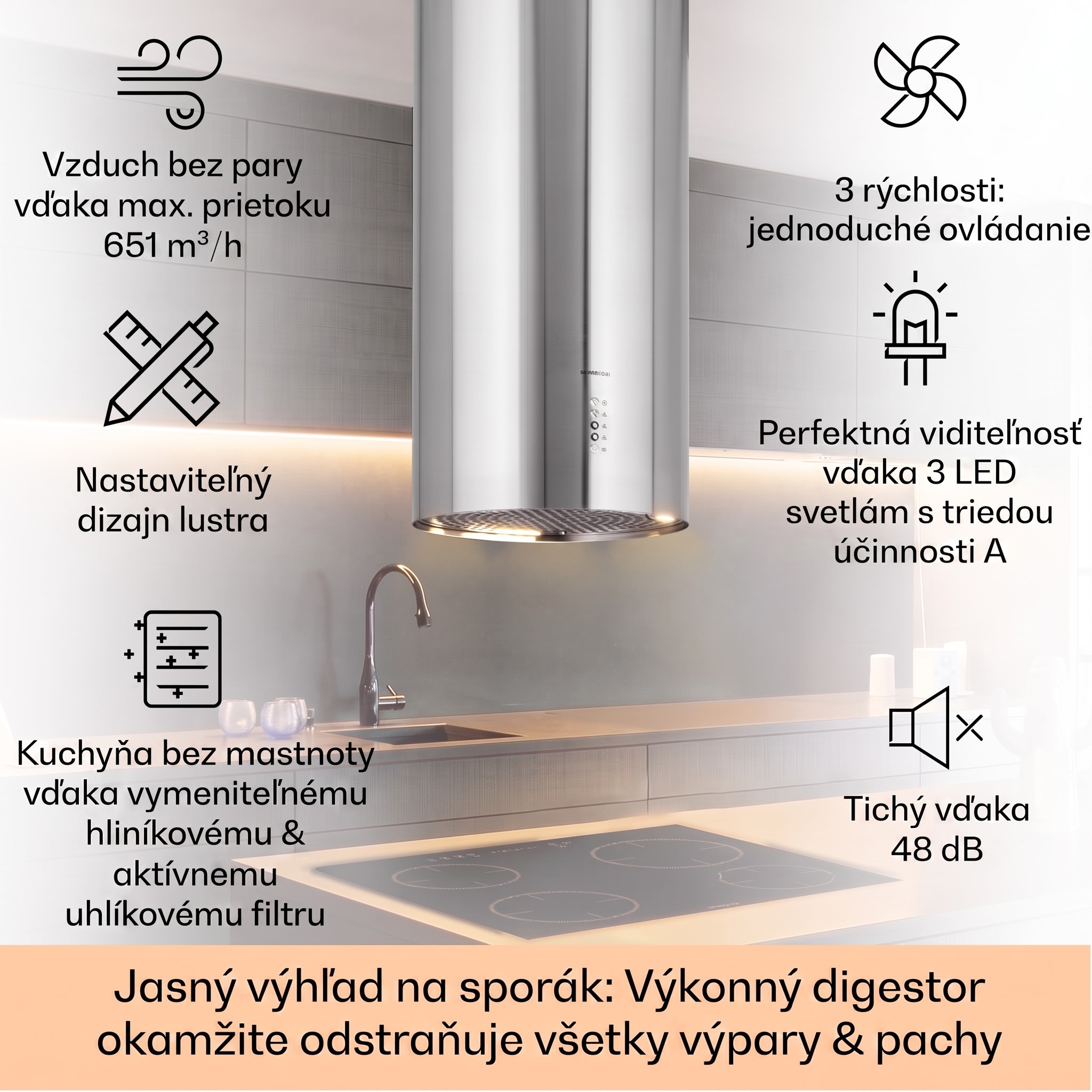 Klarstein Bolea, digestor, 38 cm, ostrovčekový, 651 m³/h, LED, filtre s aktívnym uhlím, nehrdzavejúca oceľ – Obrázok 2