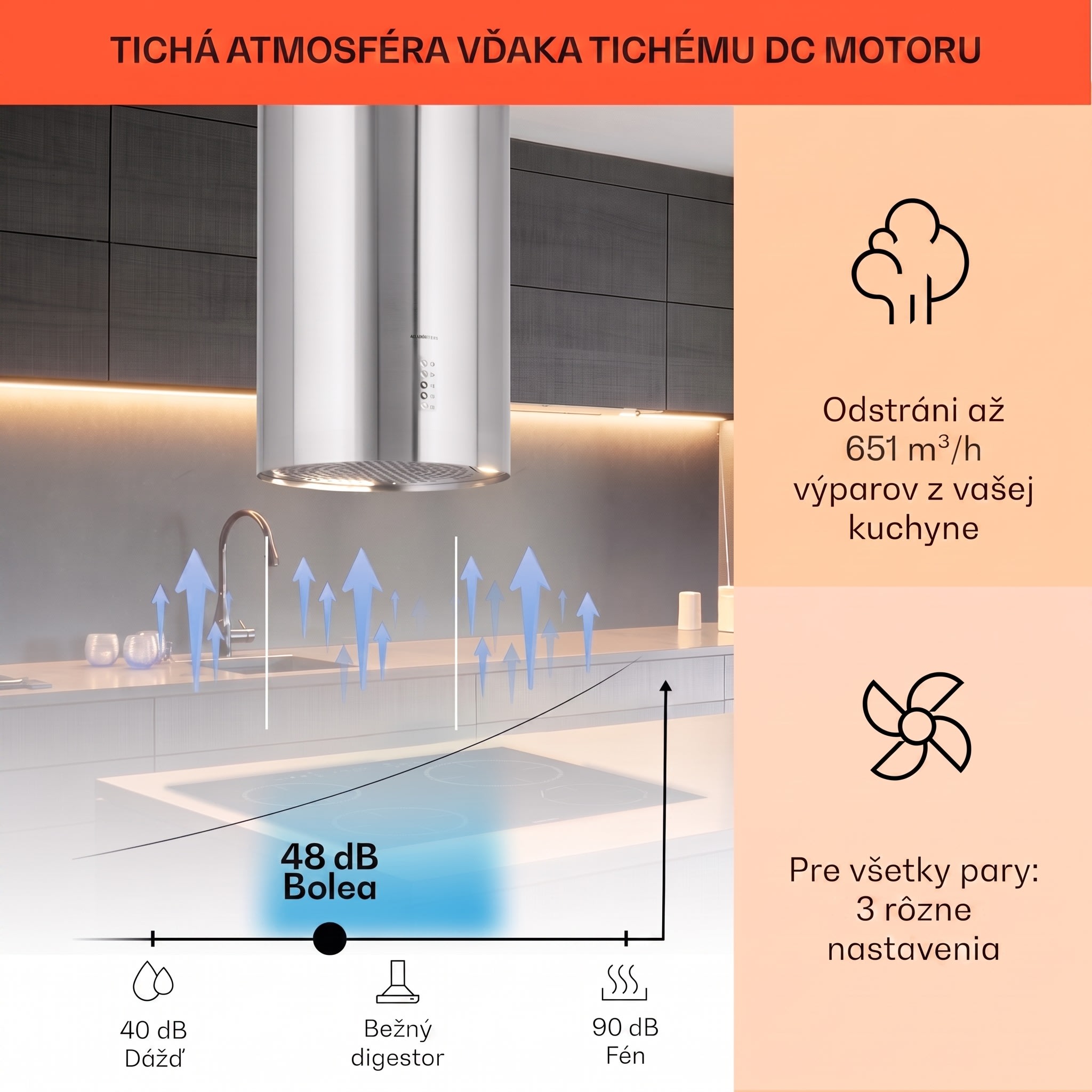 Klarstein Bolea, digestor, 38 cm, ostrovčekový, 651 m³/h, LED, filtre s aktívnym uhlím, nehrdzavejúca oceľ – Obrázok 3