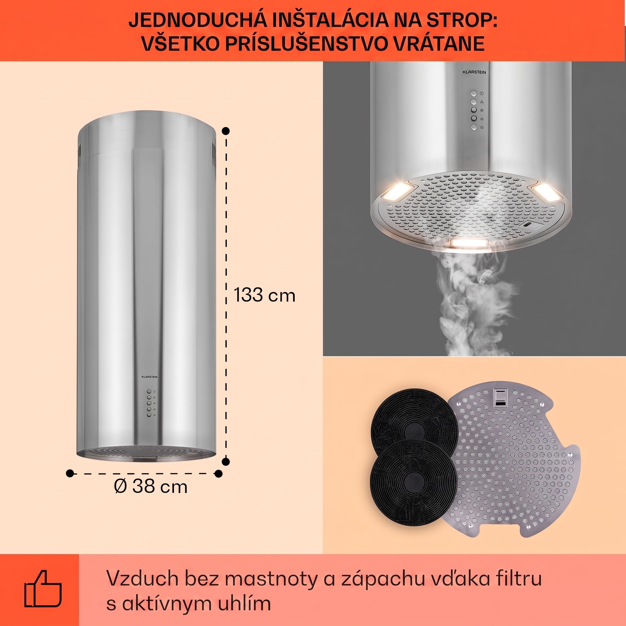 Klarstein Bolea, digestor, 38 cm, ostrovčekový, 651 m³/h, LED, filtre s aktívnym uhlím, nehrdzavejúca oceľ – Obrázok 5