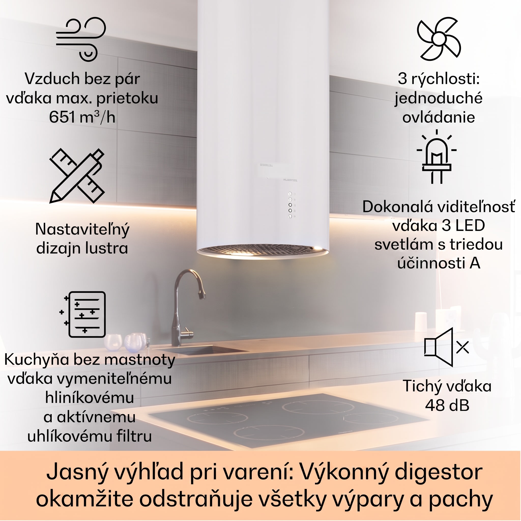 Klarstein Bolea, digestor, 38 cm, ostrovčekový, 651 m³/h, LED, filtre s aktívnym uhlím, nehrdzavejúca oceľ – Obrázok 2