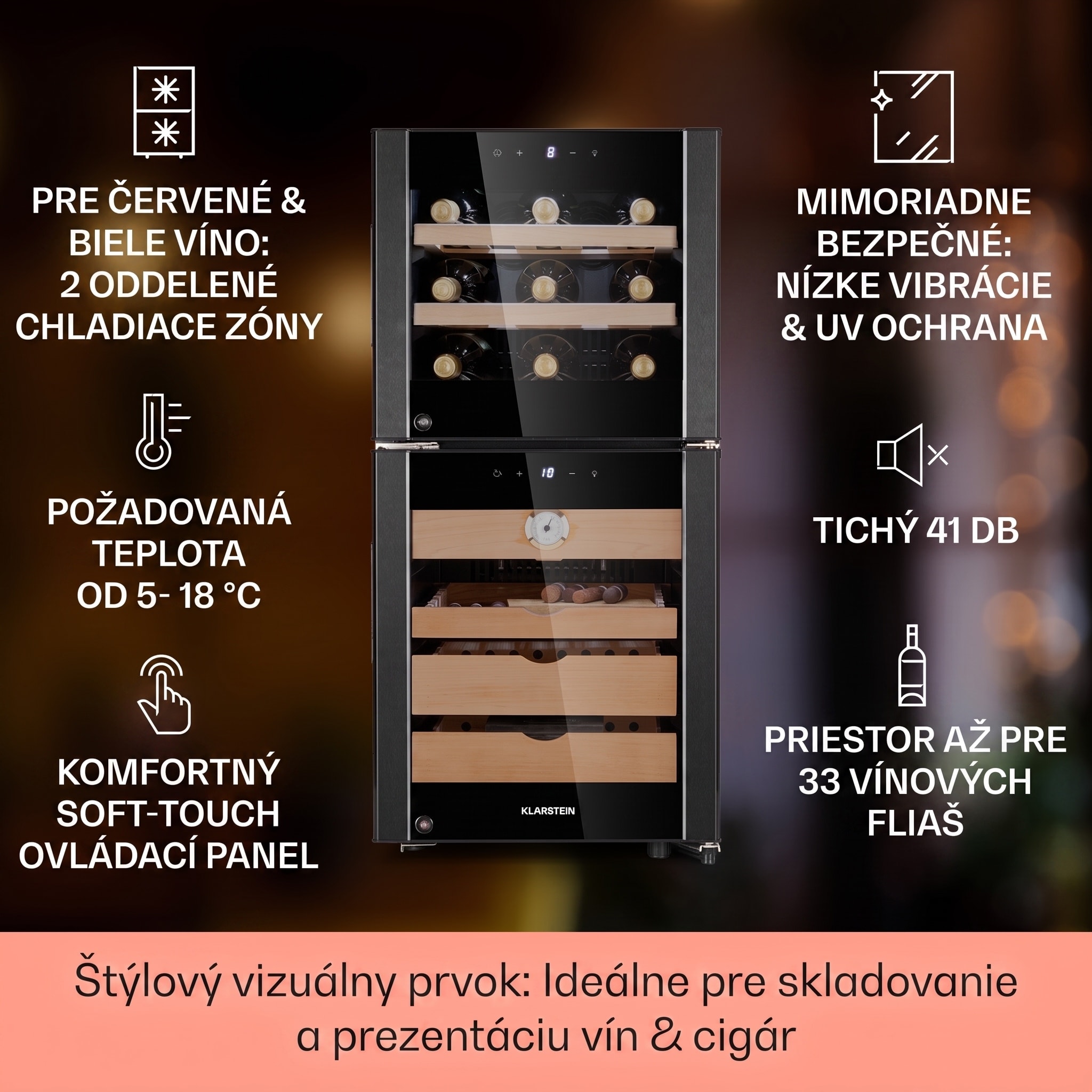 Klarstein El Dorado 89, humidor a chladnička na víno, 89 l, dotykové ovládanie, LED – Obrázok 2