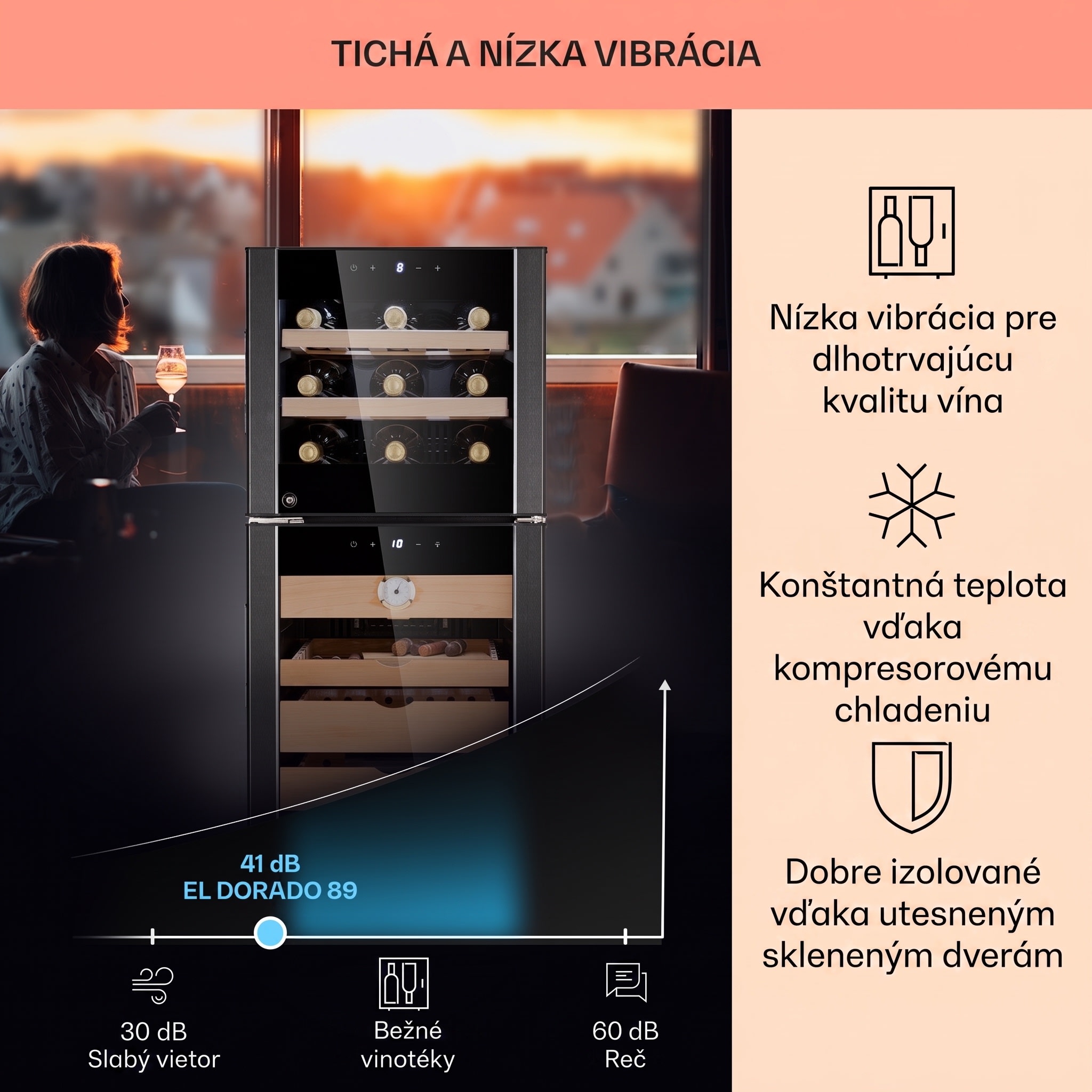 Klarstein El Dorado 89, humidor a chladnička na víno, 89 l, dotykové ovládanie, LED – Obrázok 3