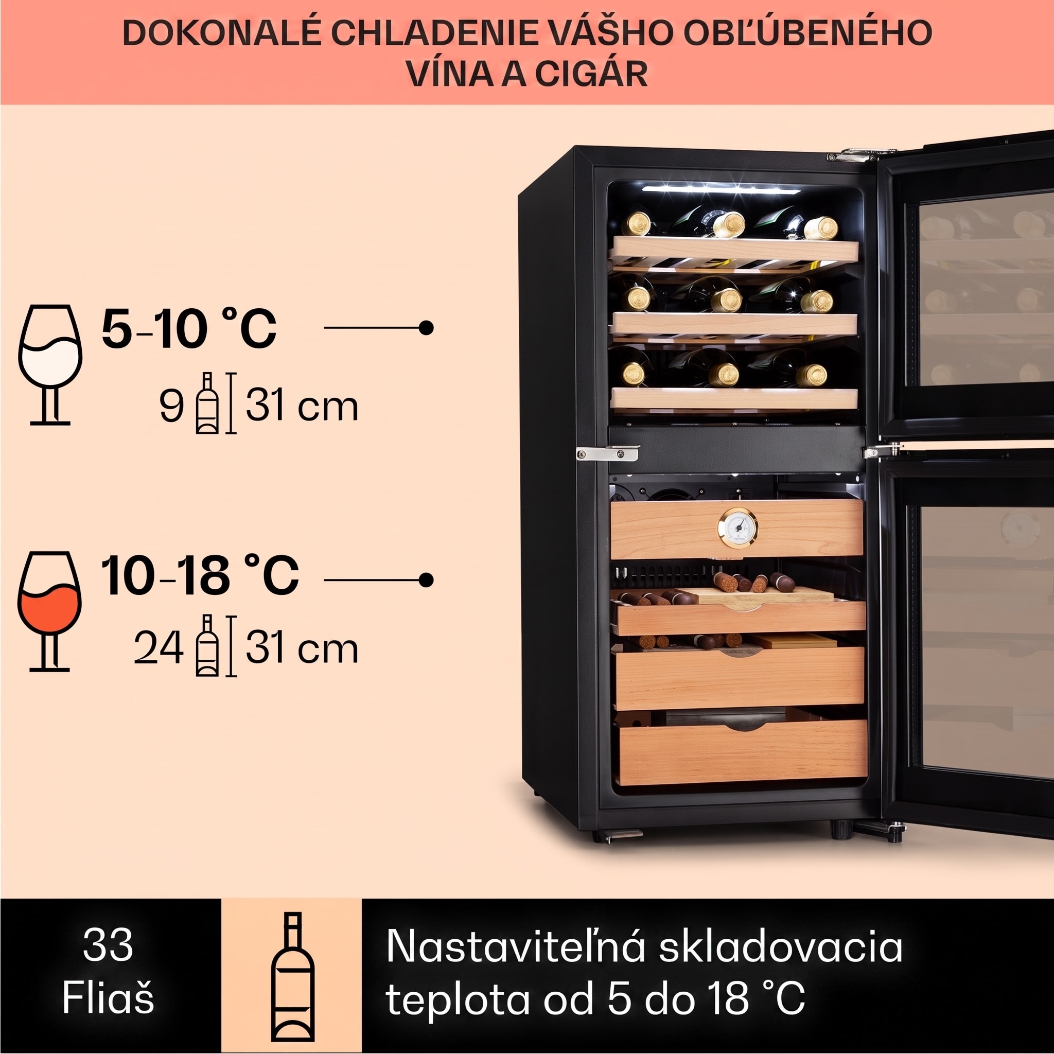 Klarstein El Dorado 89, humidor a chladnička na víno, 89 l, dotykové ovládanie, LED – Obrázok 4