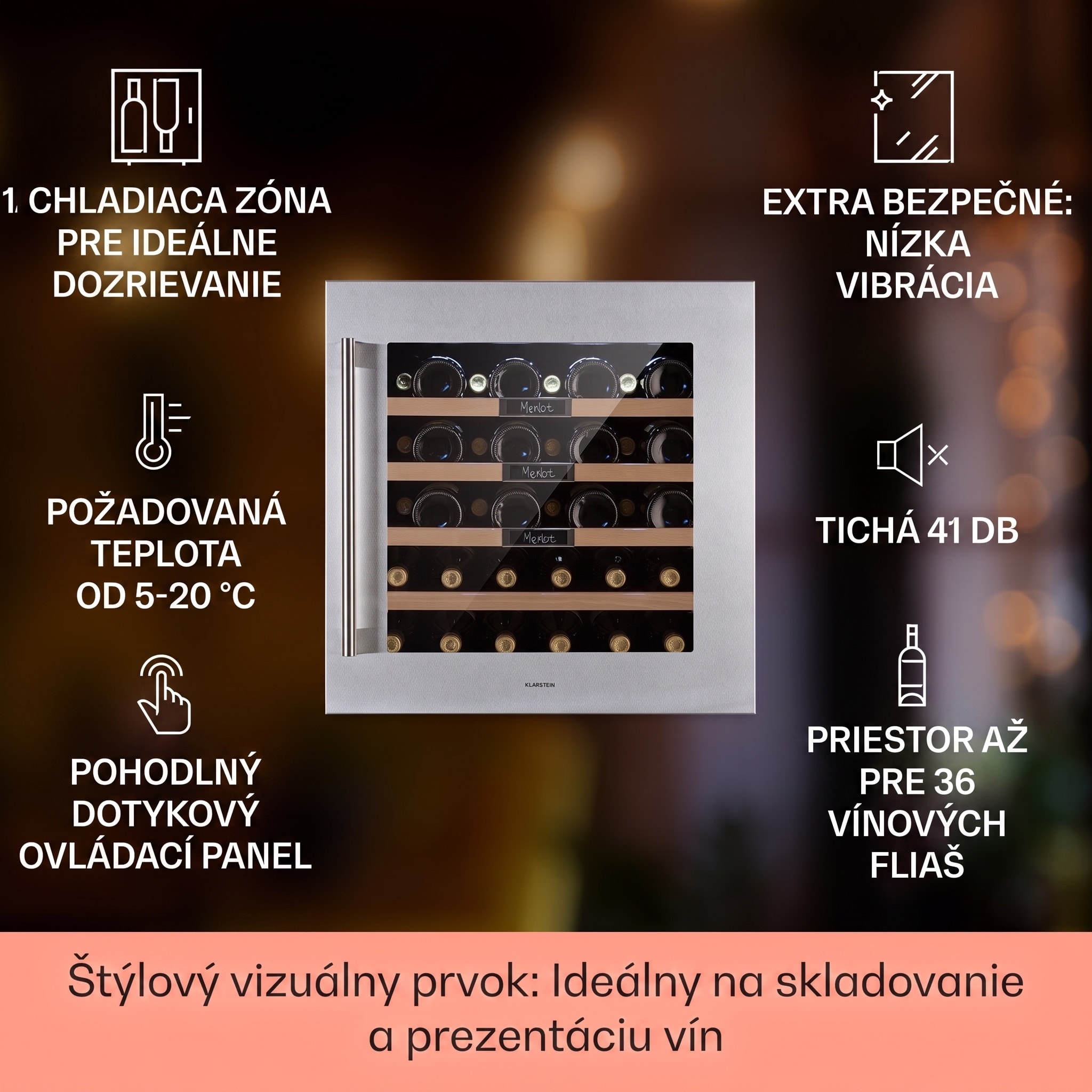 Klarstein Vinsider 36 Built-In Uno, vstavaná vinotéka, 92 l, 36 fliaš, nehrdzavejúca oceľ – Obrázok 2