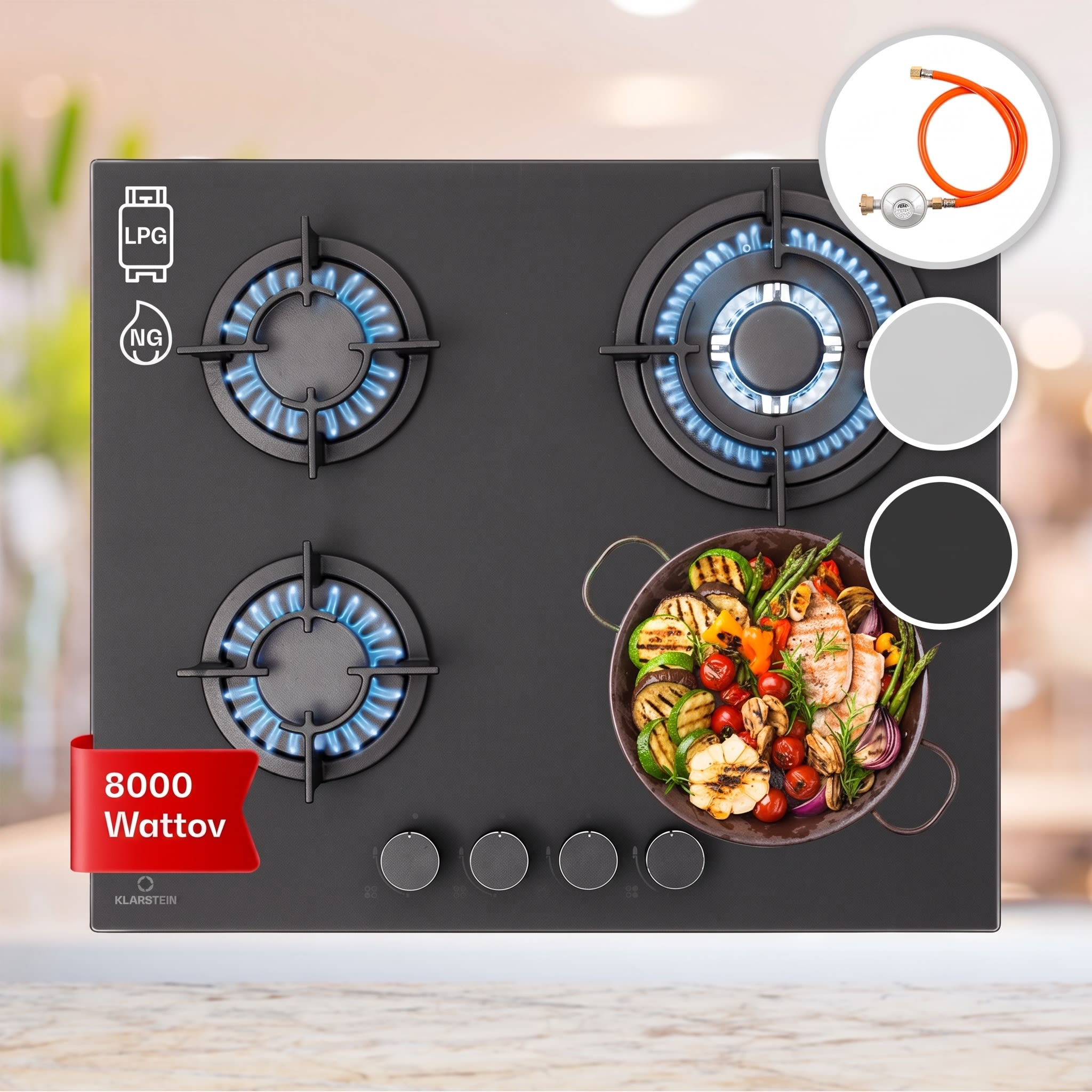 Klarstein Firetale plynová varná doska 4-zónová 60 cm s hliníkovými horákmi vrátane hadice a redukčného ventilu