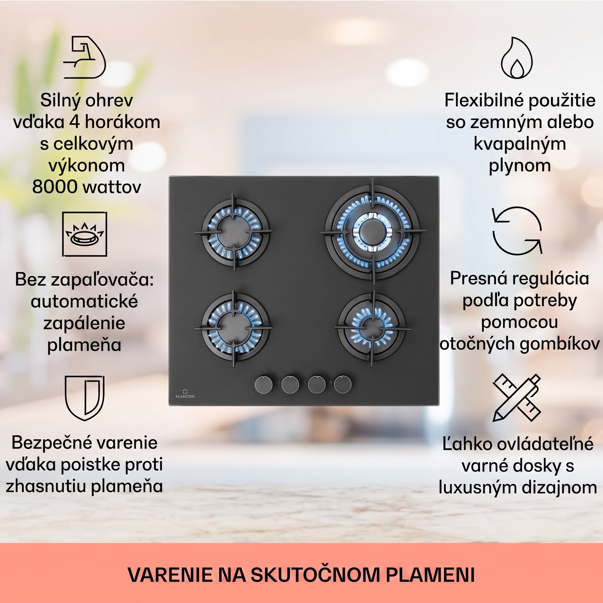 Klarstein Firetale plynová varná doska 4-zónová 60 cm s hliníkovými horákmi vrátane hadice a redukčného ventilu – Obrázok 2