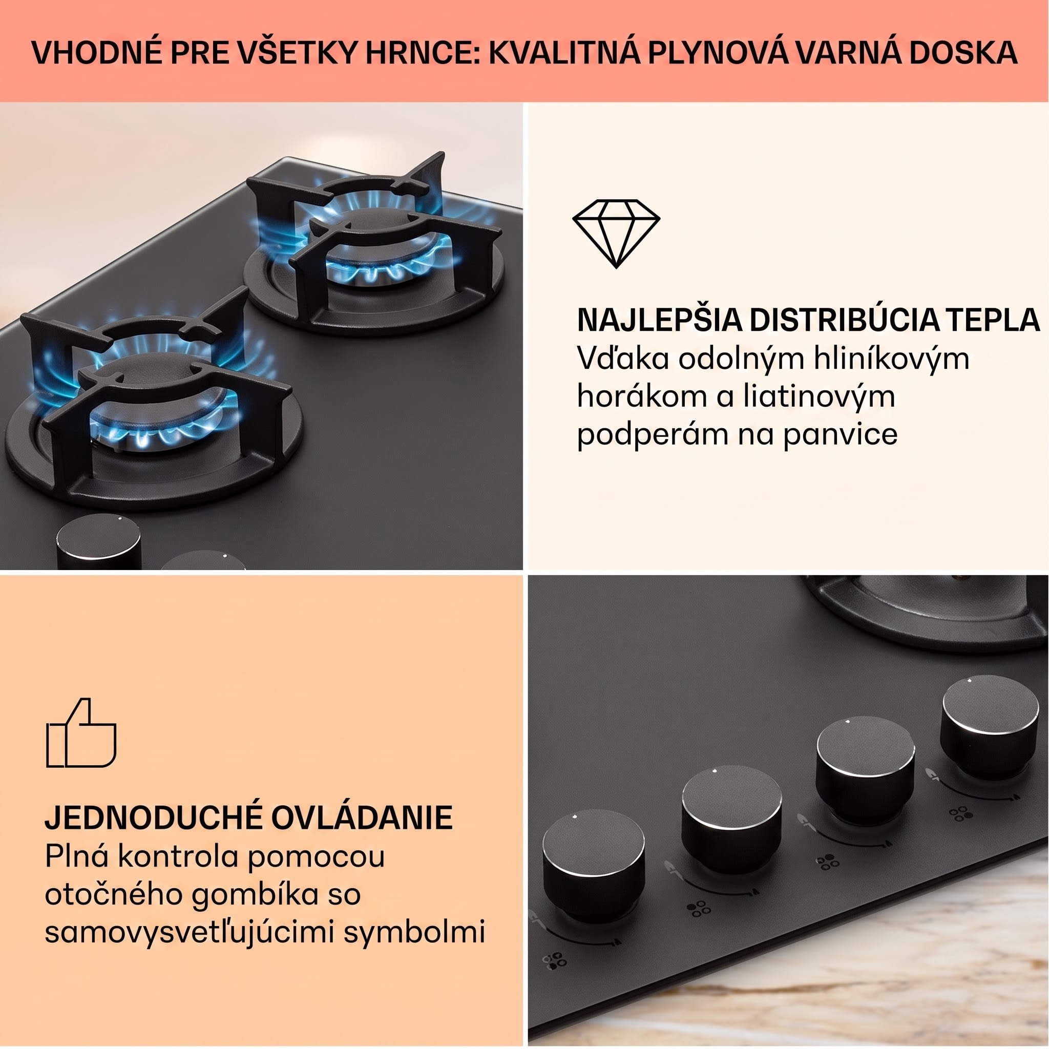 Klarstein Firetale plynová varná doska 4-zónová 60 cm s hliníkovými horákmi vrátane hadice a redukčného ventilu – Obrázok 4