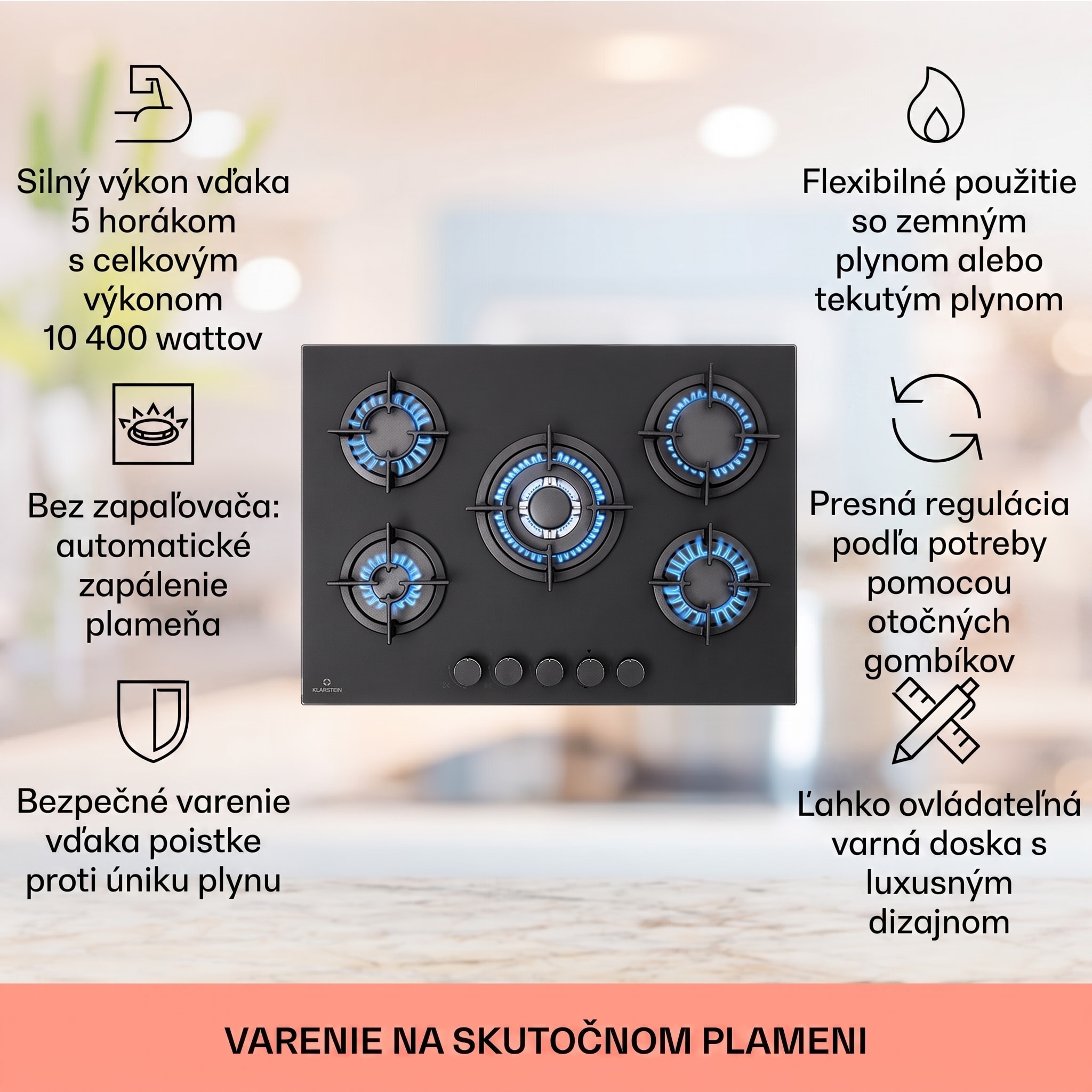 Klarstein Firetale, plynová varná doska, 5 hliníkových horákov, 70 cm, vrátane hadice a redukčného ventilu – Obrázok 2