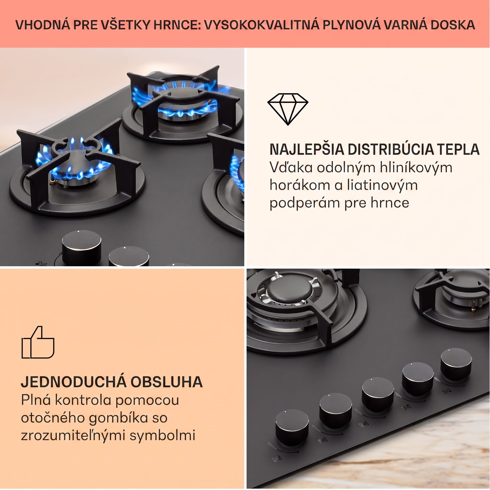 Klarstein Firetale, plynová varná doska, 5 hliníkových horákov, 70 cm, vrátane hadice a redukčného ventilu – Obrázok 4
