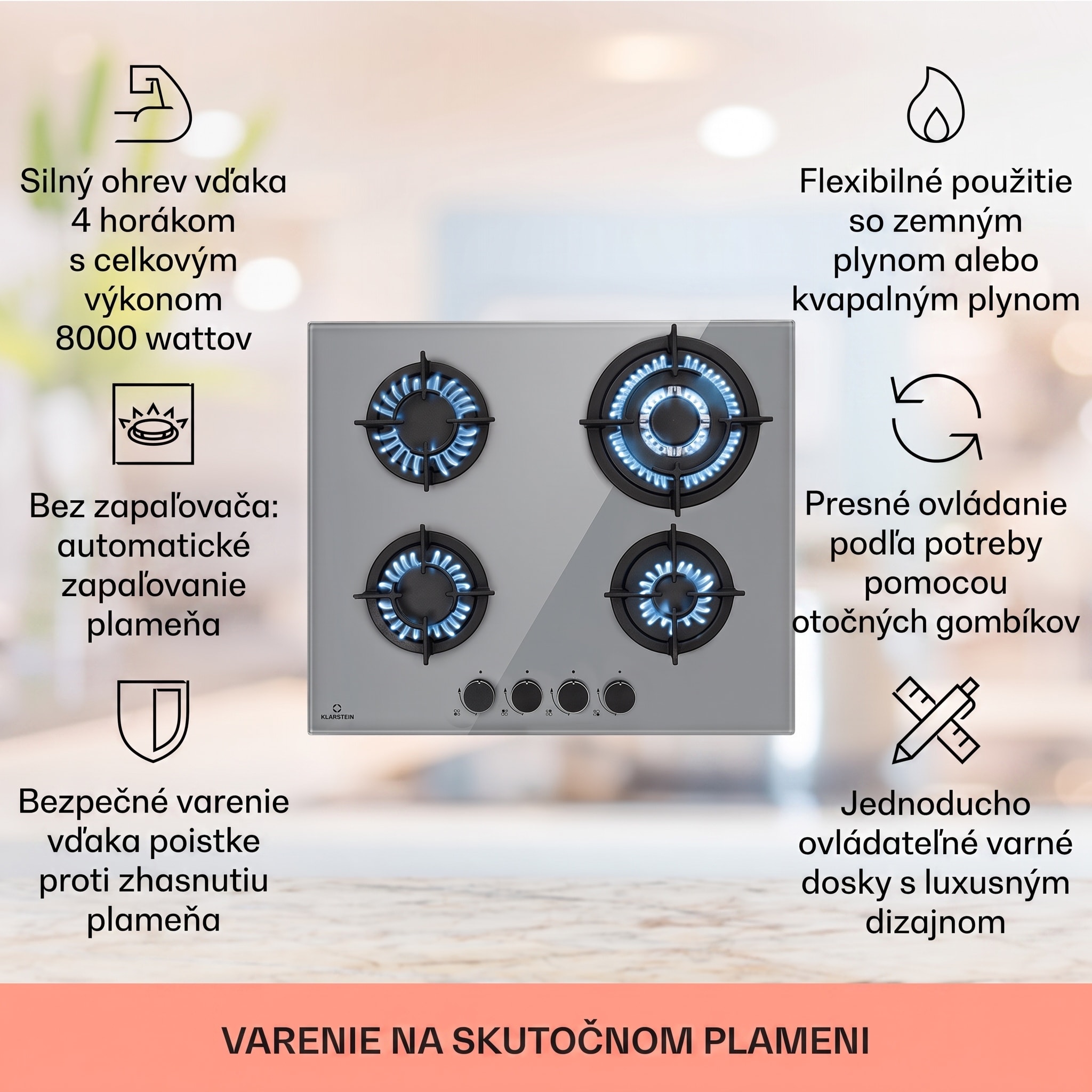 Klarstein Firetale, plynová varná doska, 4 hliníkové horáky, vrátane hadice a redukčného ventilu – Obrázok 2