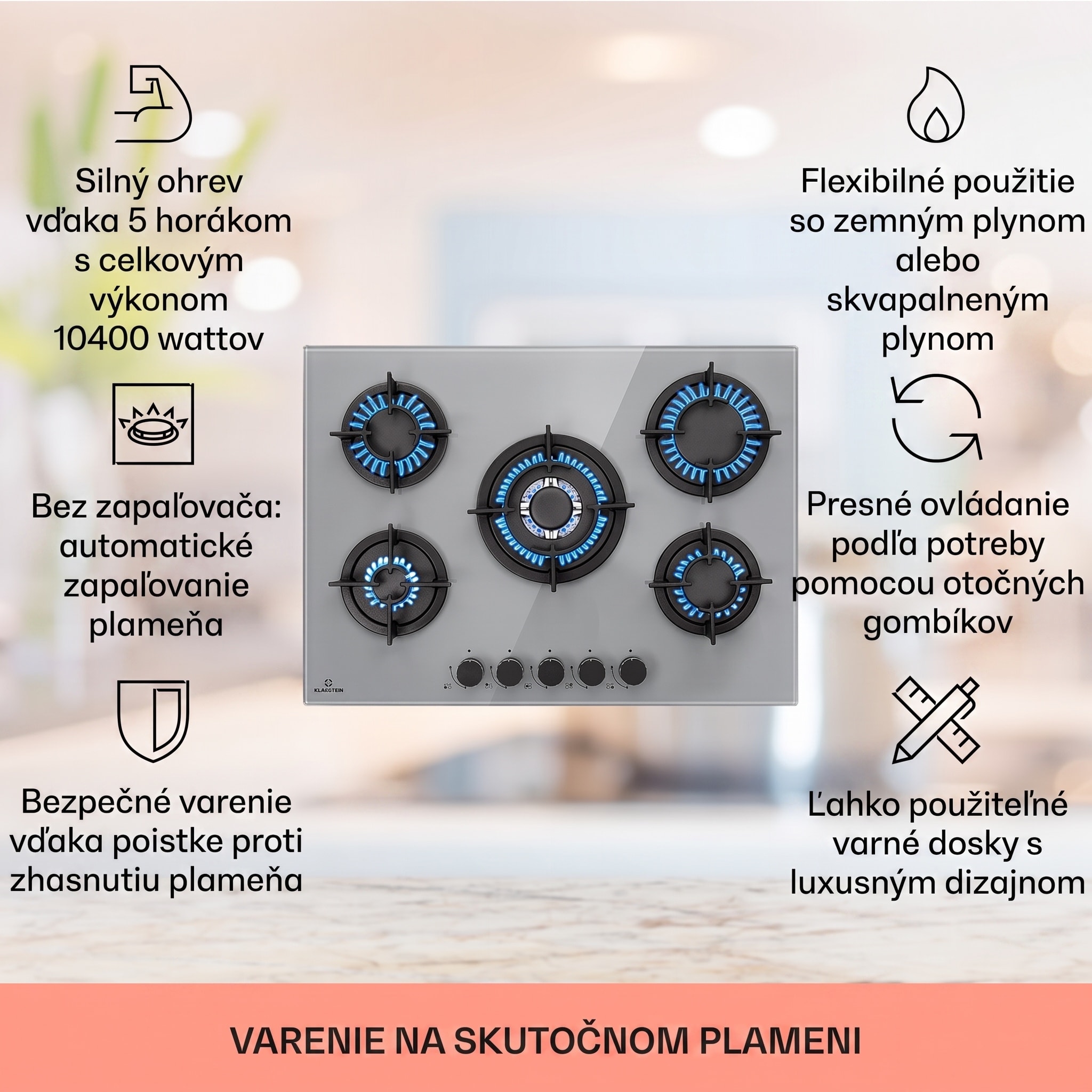 Klarstein Firetale, plynová varná doska, 5 hliníkových horákov, 70 cm, vrátane hadice a redukčného ventilu – Obrázok 2