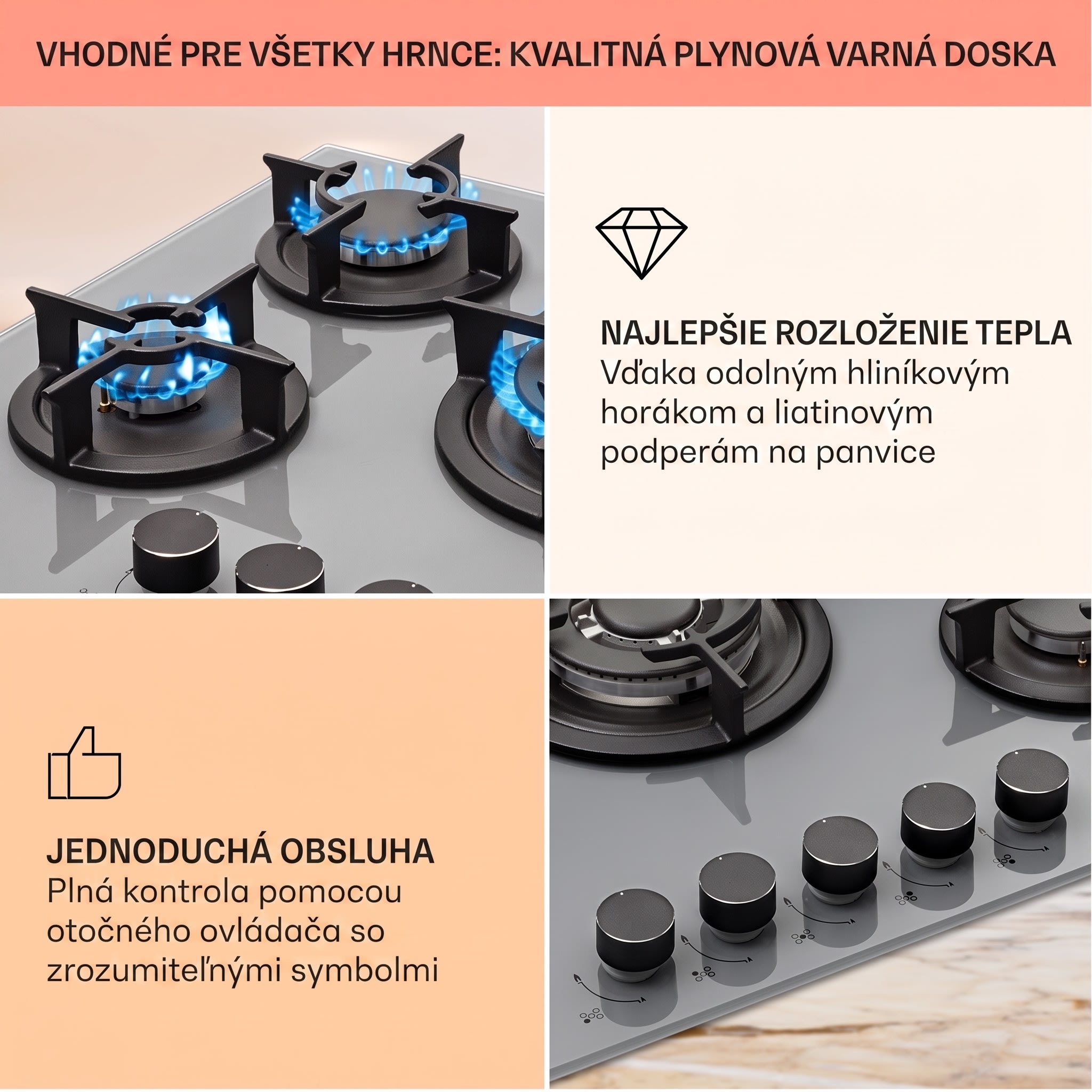 Klarstein Firetale, plynová varná doska, 5 hliníkových horákov, 70 cm, vrátane hadice a redukčného ventilu – Obrázok 4