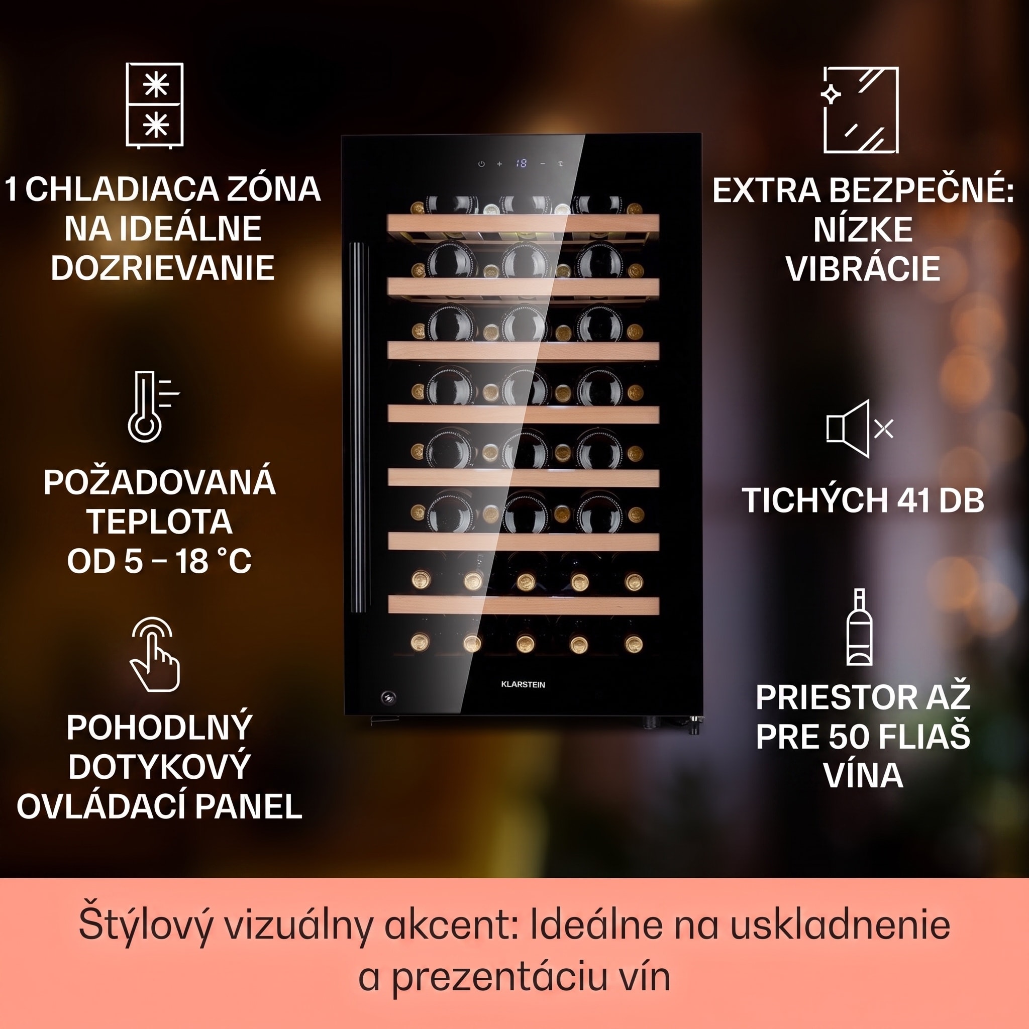 Klarstein Barossa 50 Uno, vinotéka, 120 l, 52 fliaš, 1 zóna, dotykový displej – Obrázok 2