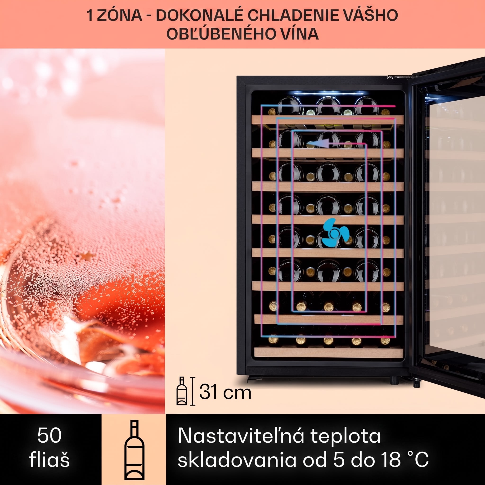 Klarstein Barossa 50 Uno, vinotéka, 120 l, 52 fliaš, 1 zóna, dotykový displej – Obrázok 3