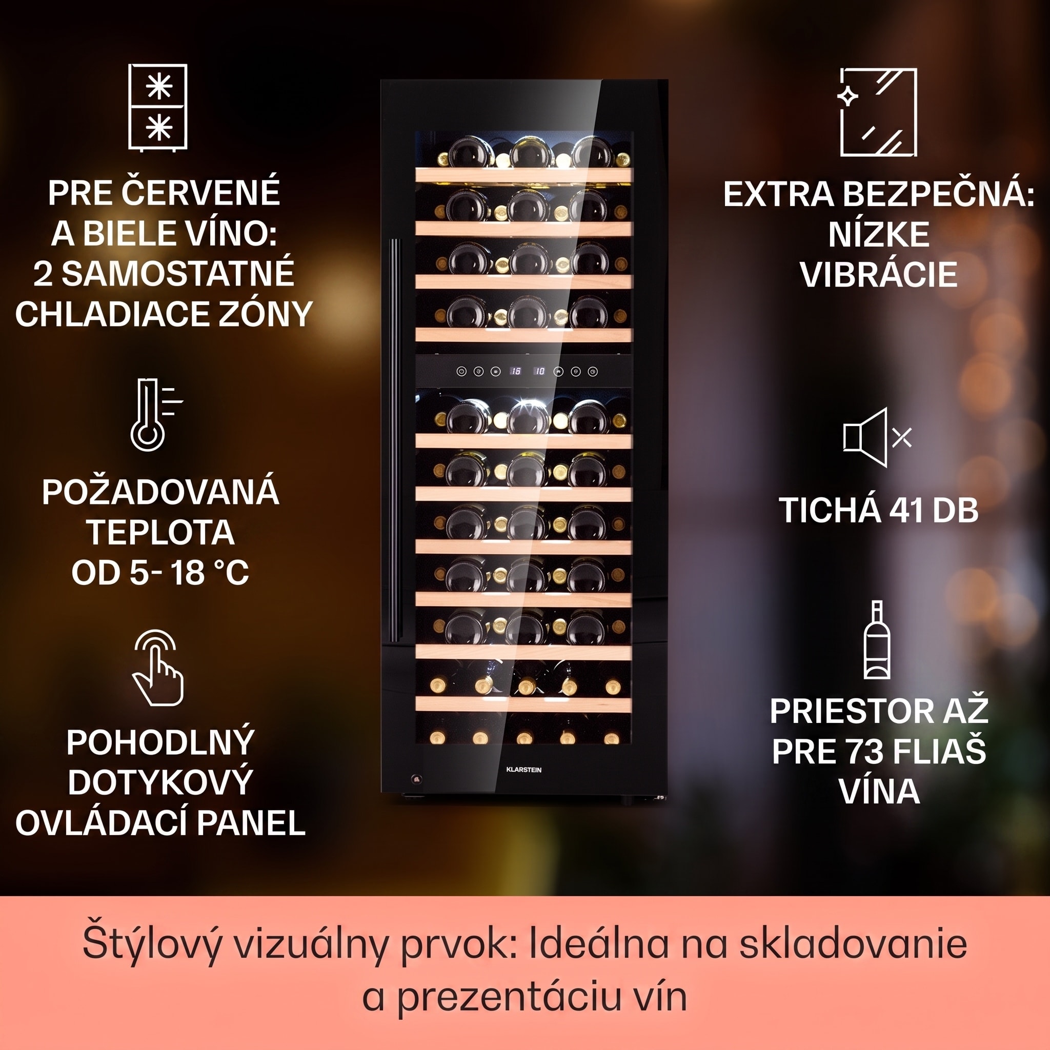 Klarstein Barossa 73 Uno, vinotéka, 192 l, 2 zóny, 73 fliaš, dotykový displej – Obrázok 2