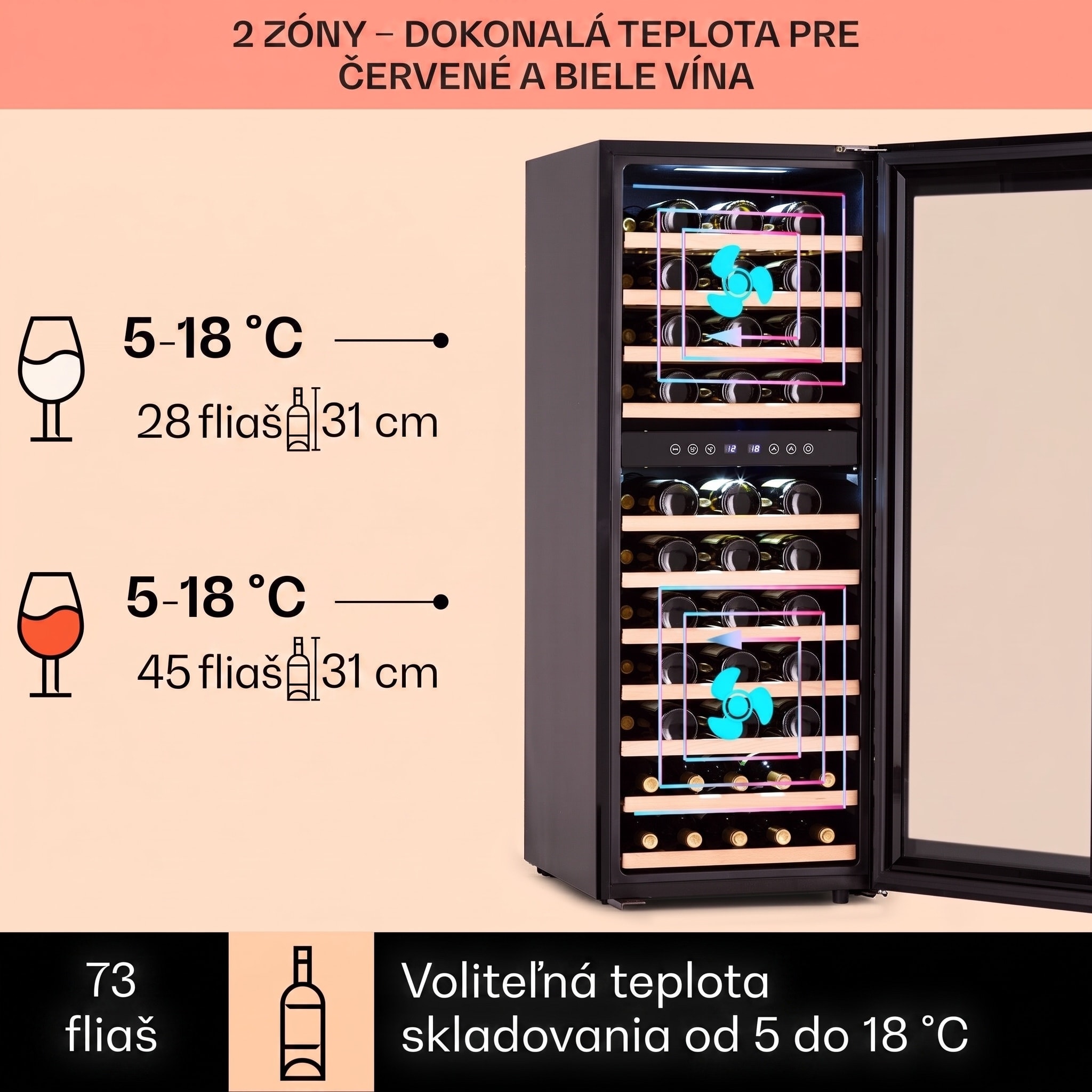 Klarstein Barossa 73 Uno, vinotéka, 192 l, 2 zóny, 73 fliaš, dotykový displej – Obrázok 3