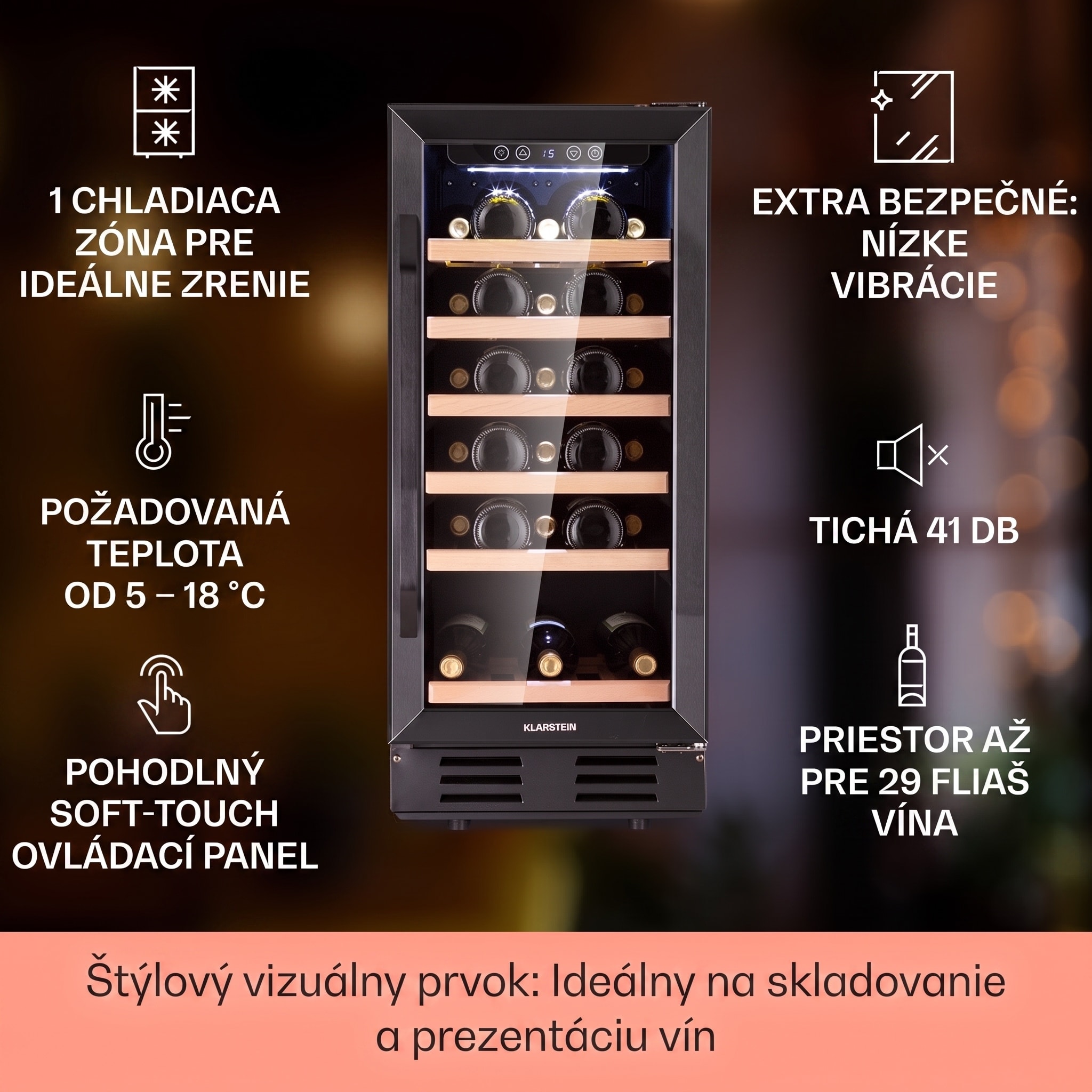 Klarstein Vinovilla 29 vstavaná vinotéka 81 l / 29 fliaš, 1 zóna, sklenené dvere, nerezová oceľ – Obrázok 2