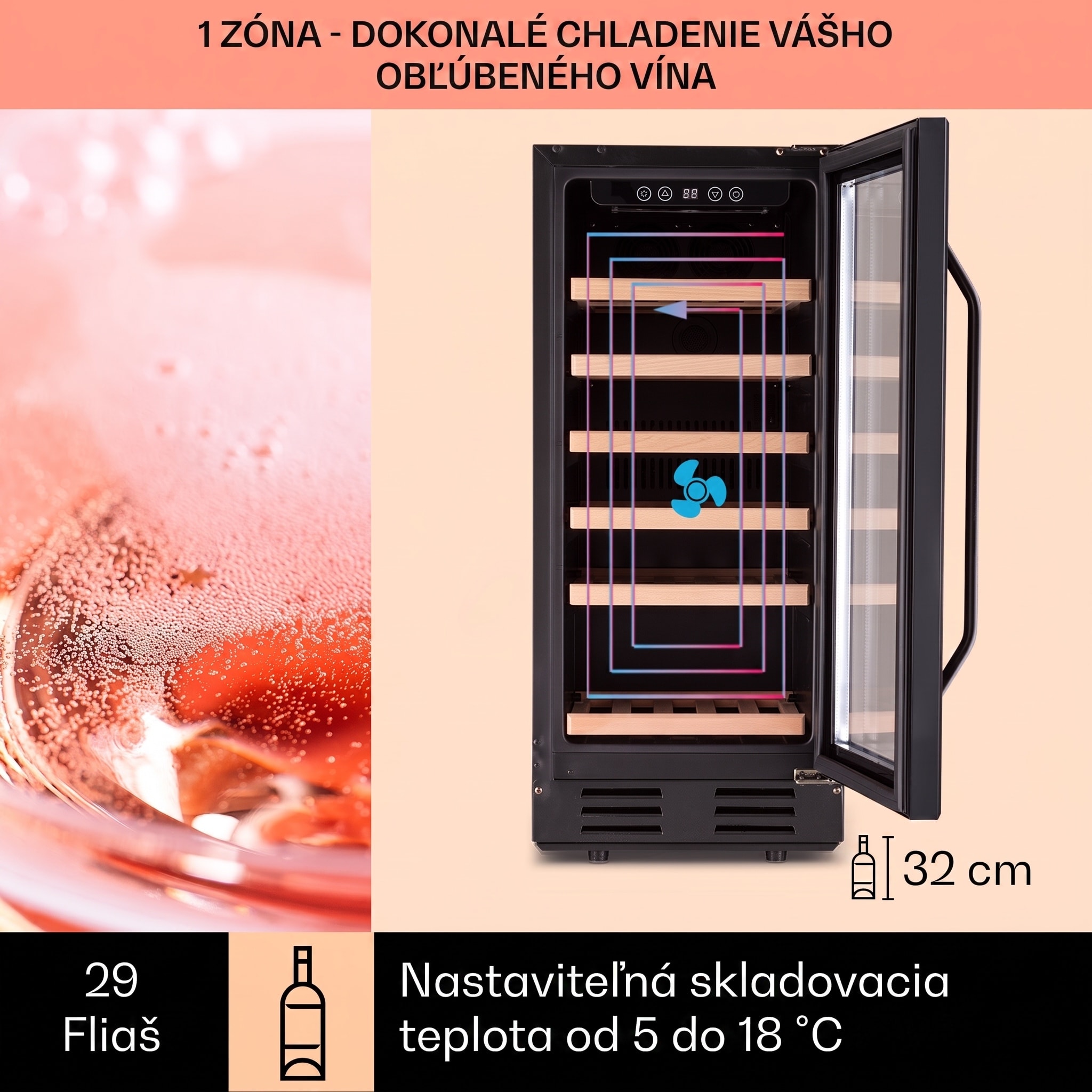 Klarstein Vinovilla 29 vstavaná vinotéka 81 l / 29 fliaš, 1 zóna, sklenené dvere, nerezová oceľ – Obrázok 3
