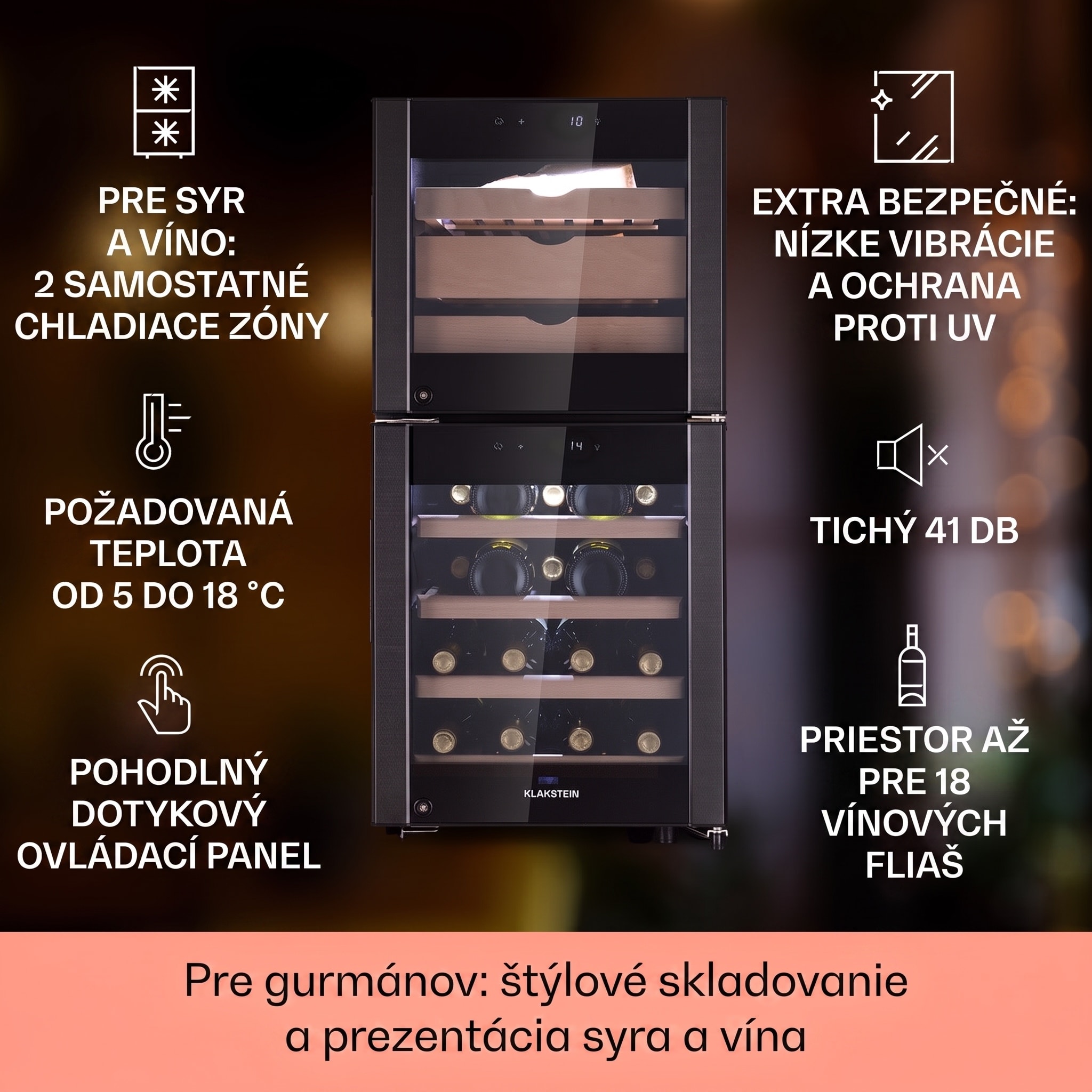 Klarstein El Dorado 89, chladnička na víno a syr, 89 l, 2 zóny, dotykový displej, LED – Obrázok 2