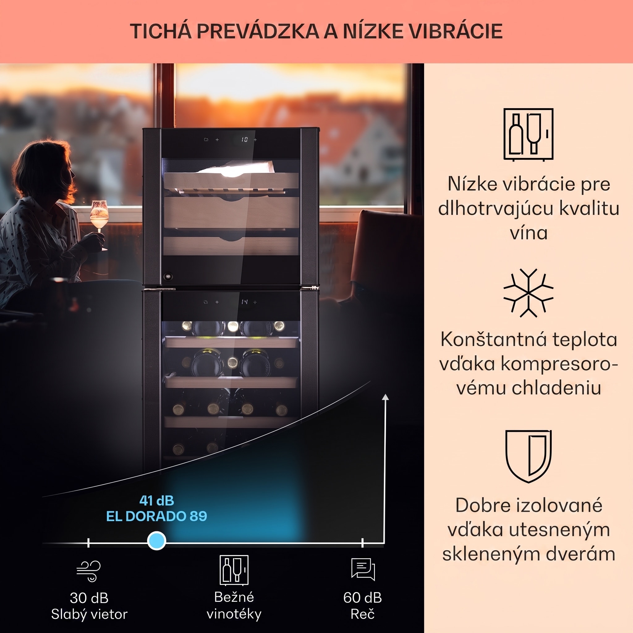 Klarstein El Dorado 89, chladnička na víno a syr, 89 l, 2 zóny, dotykový displej, LED – Obrázok 3