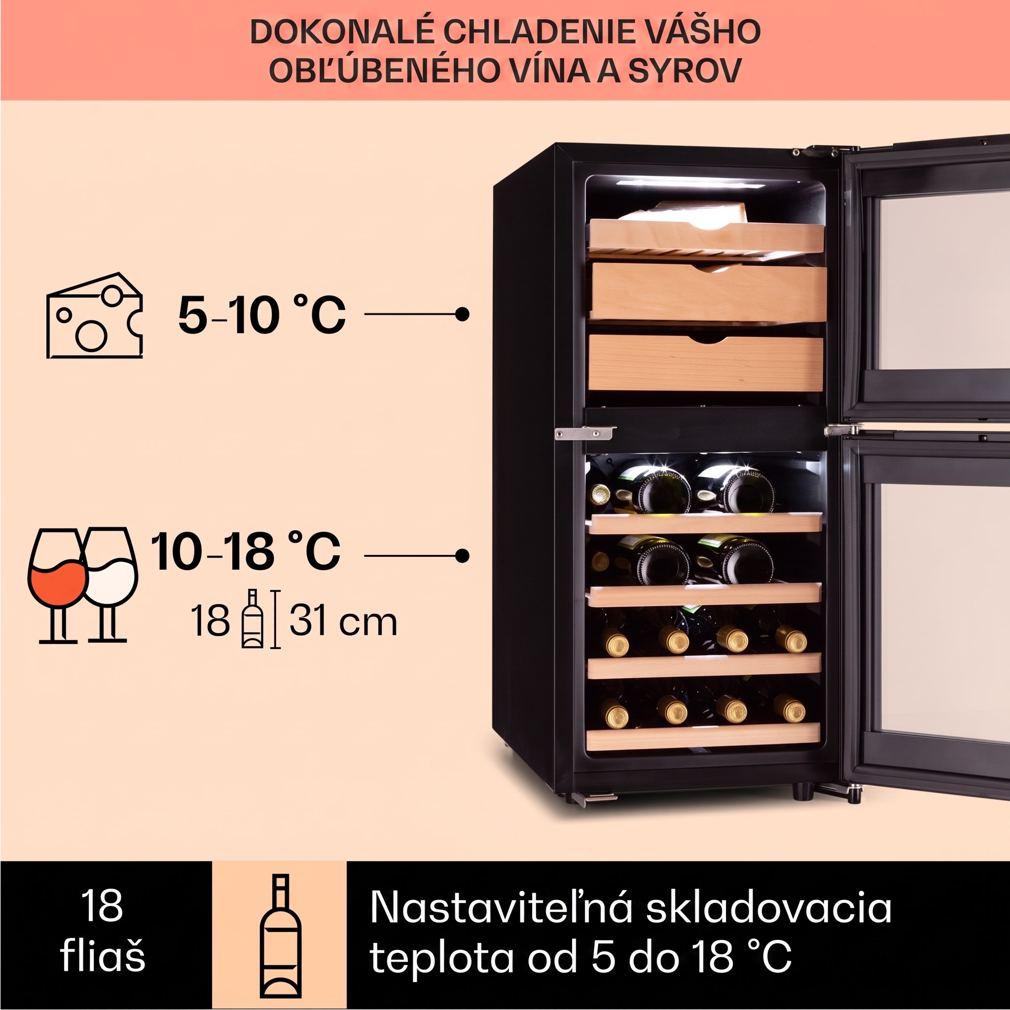 Klarstein El Dorado 89, chladnička na víno a syr, 89 l, 2 zóny, dotykový displej, LED – Obrázok 4