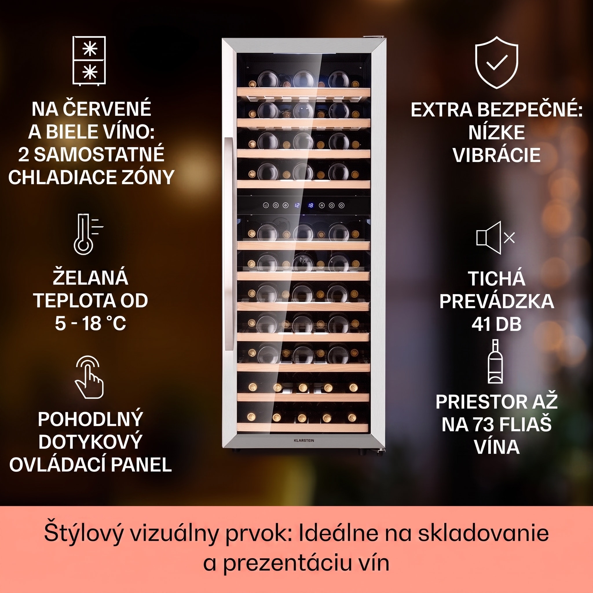 Klarstein Vinamour 73 Duo, vinotéka, 192 l, 73 fliaš, 5-18°C, 2 zóny, dotykové ovládanie – Obrázok 2