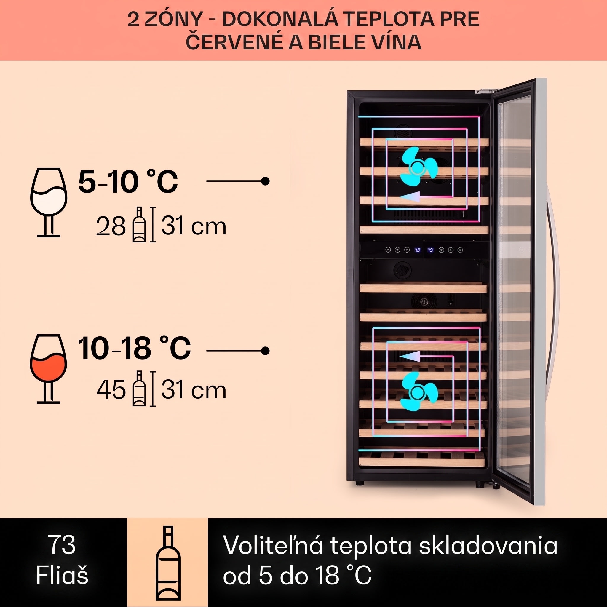 Klarstein Vinamour 73 Duo, vinotéka, 192 l, 73 fliaš, 5-18°C, 2 zóny, dotykové ovládanie – Obrázok 3