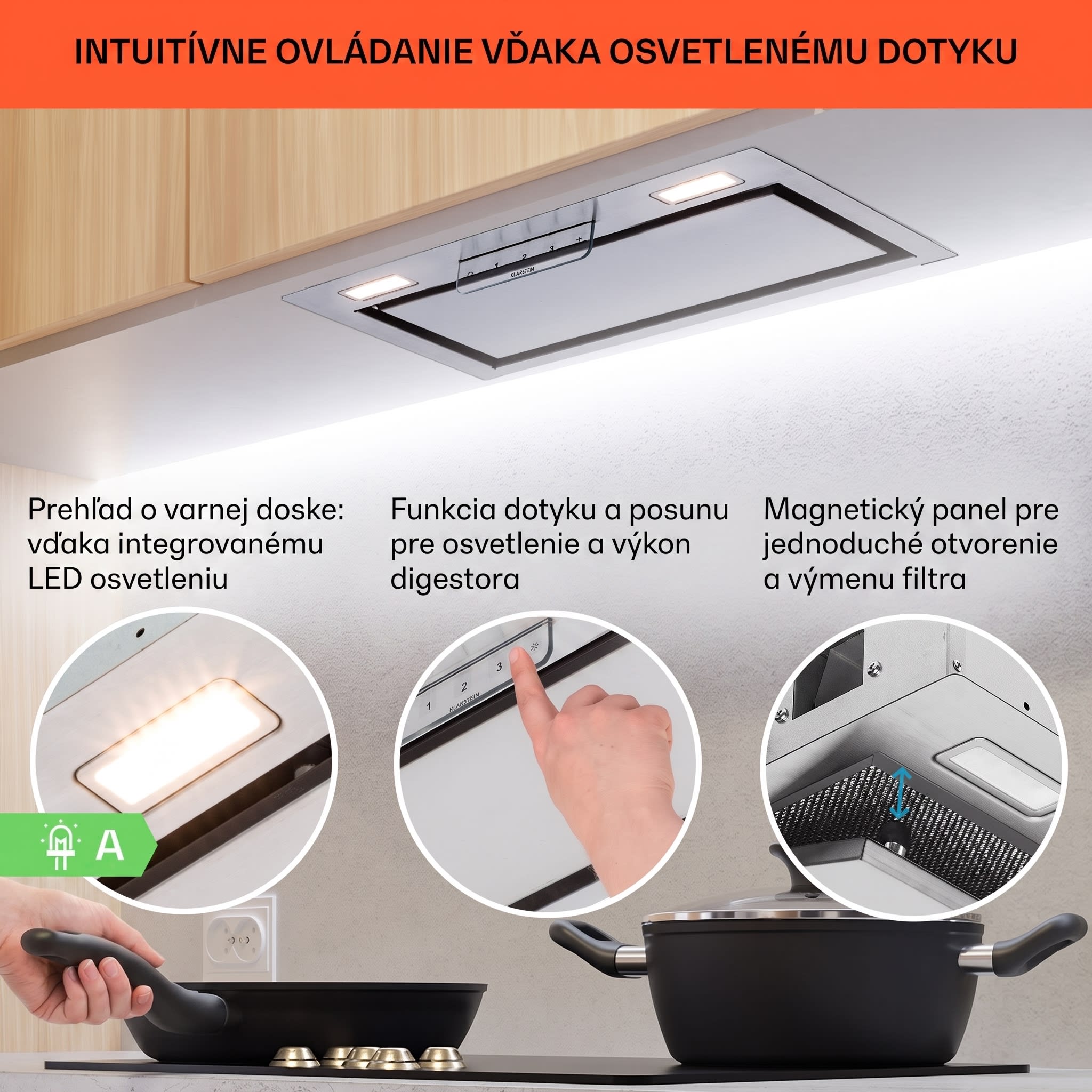 Klarstein Camila, vstavaný digestor, 52 cm, 369 m³/h, LED, dotyková plocha, nehrdzavejúca oceľ – Obrázok 4