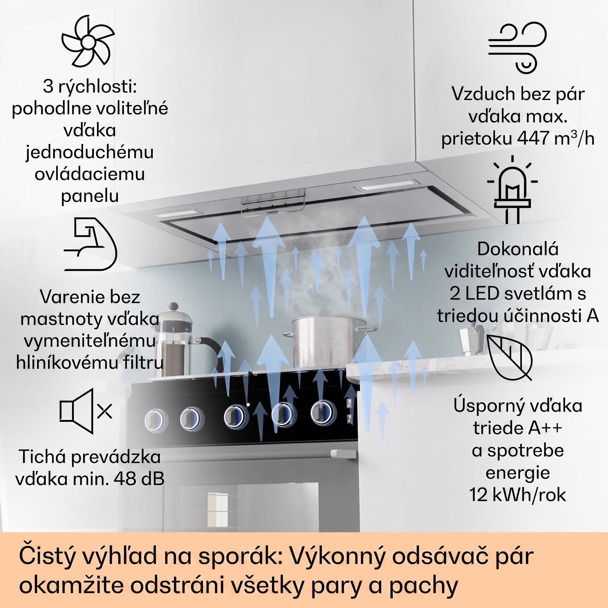 Klarstein Camila, vstavaný digestor, 70 cm, 380 m³/h, LED, dotyková plocha, nehrdzavejúca oceľ – Obrázok 2