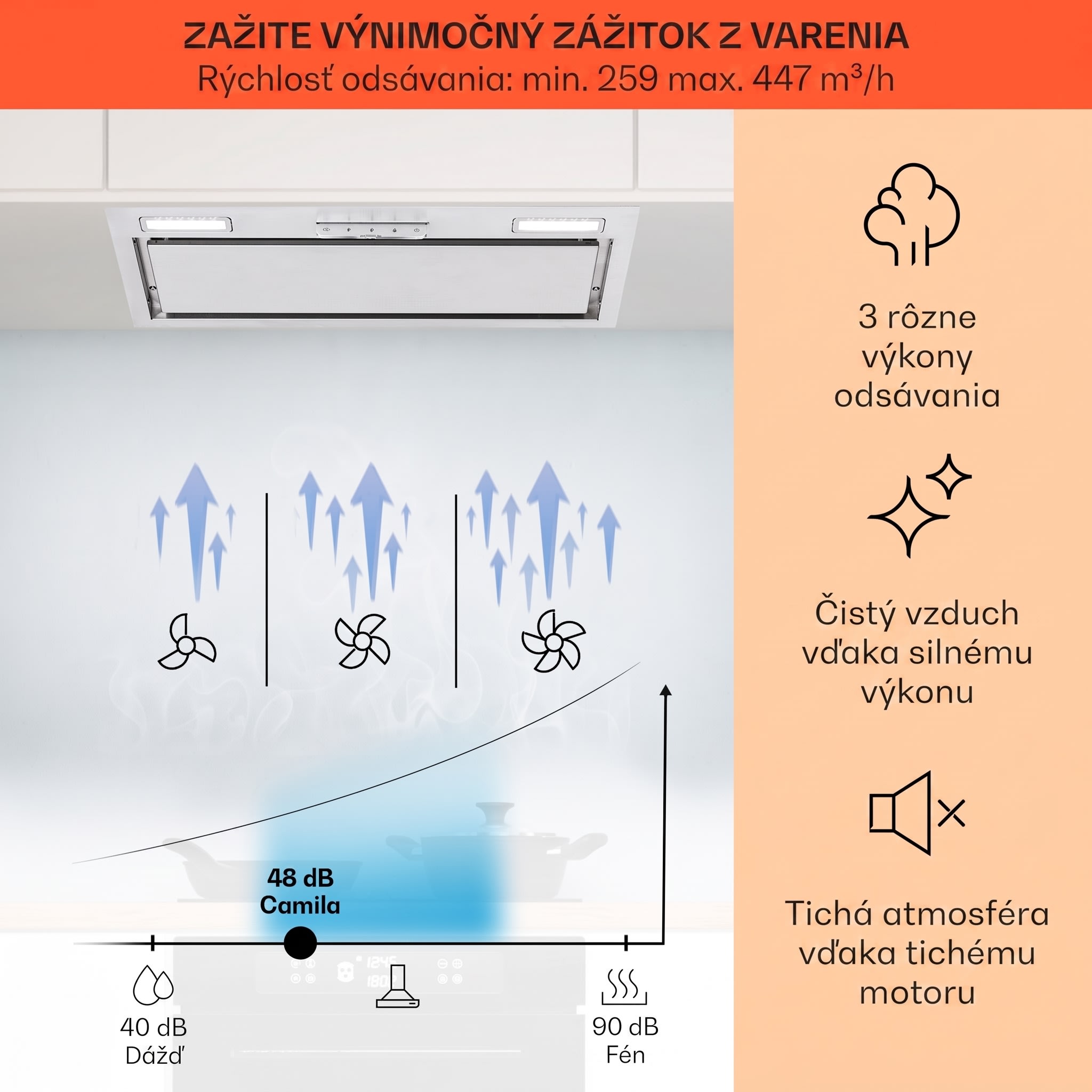Klarstein Camila, vstavaný digestor, 70 cm, 380 m³/h, LED, dotyková plocha, nehrdzavejúca oceľ – Obrázok 3
