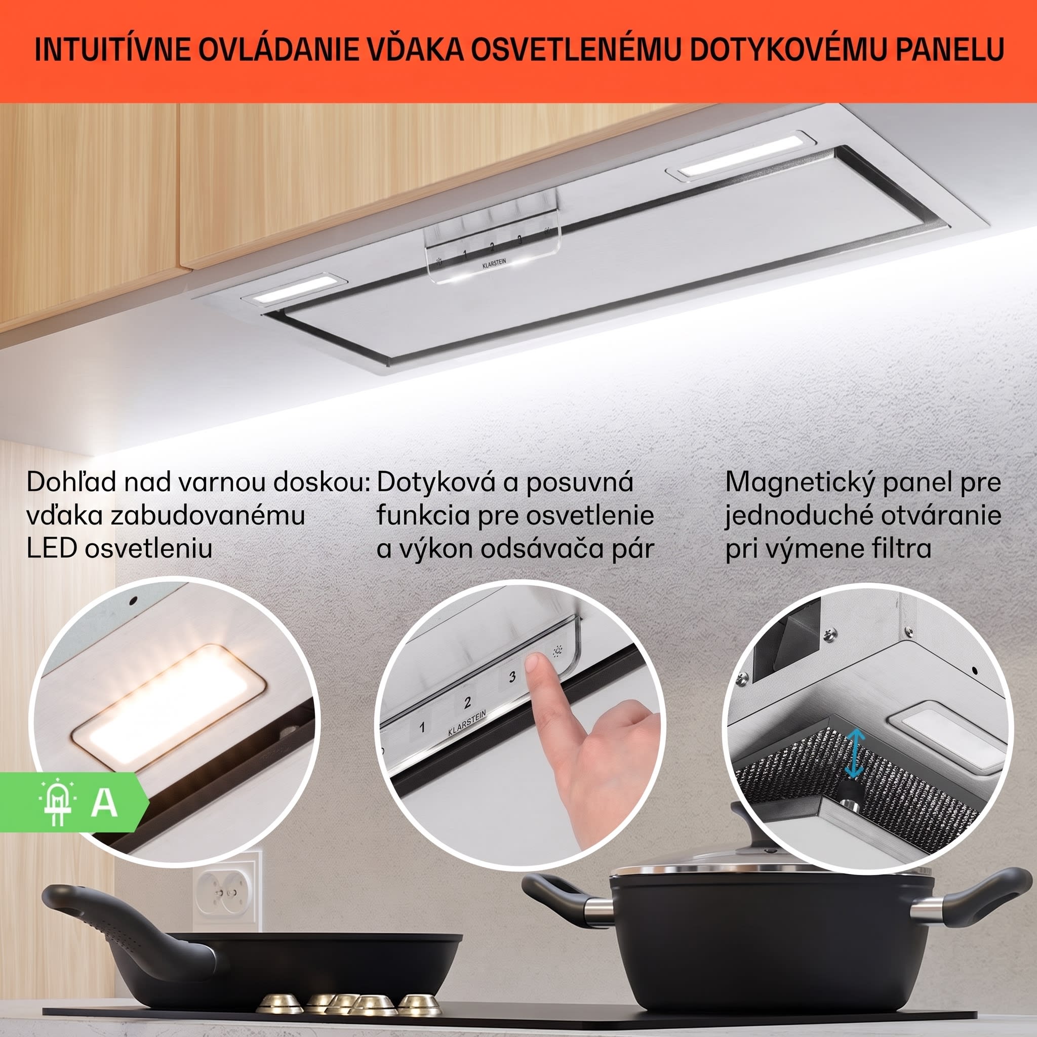 Klarstein Camila, vstavaný digestor, 70 cm, 380 m³/h, LED, dotyková plocha, nehrdzavejúca oceľ – Obrázok 4