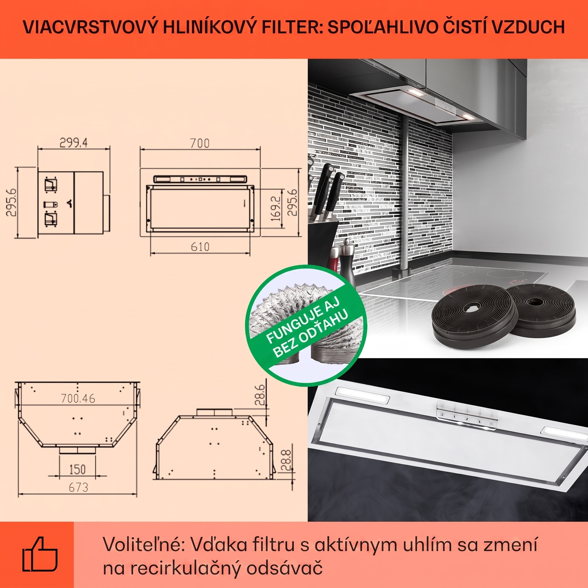 Klarstein Camila, vstavaný digestor, 70 cm, 380 m³/h, LED, dotyková plocha, nehrdzavejúca oceľ – Obrázok 5