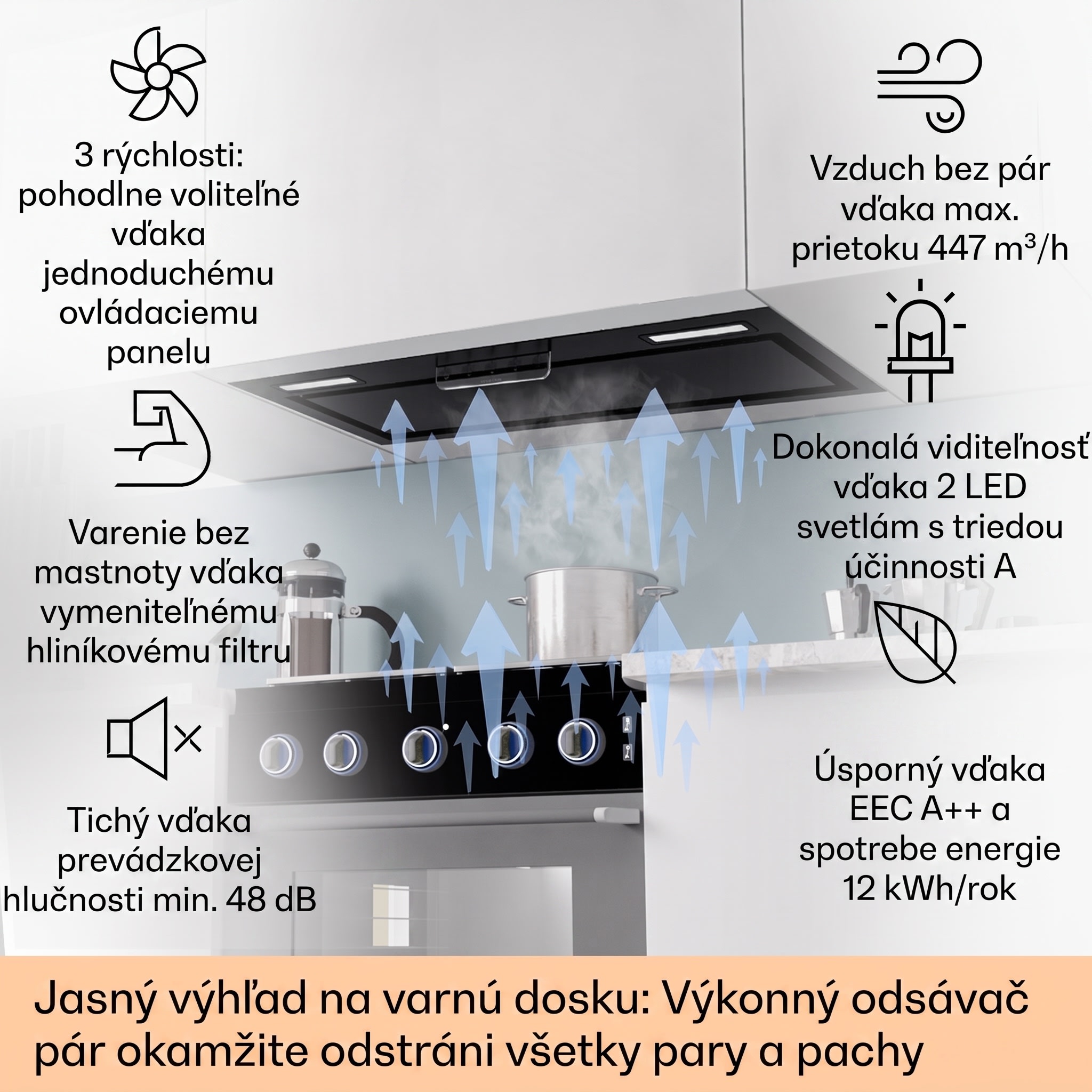 Klarstein Camila, vstavaný digestor, 70 cm, 380 m³/h, LED, dotyková plocha, nehrdzavejúca oceľ – Obrázok 2