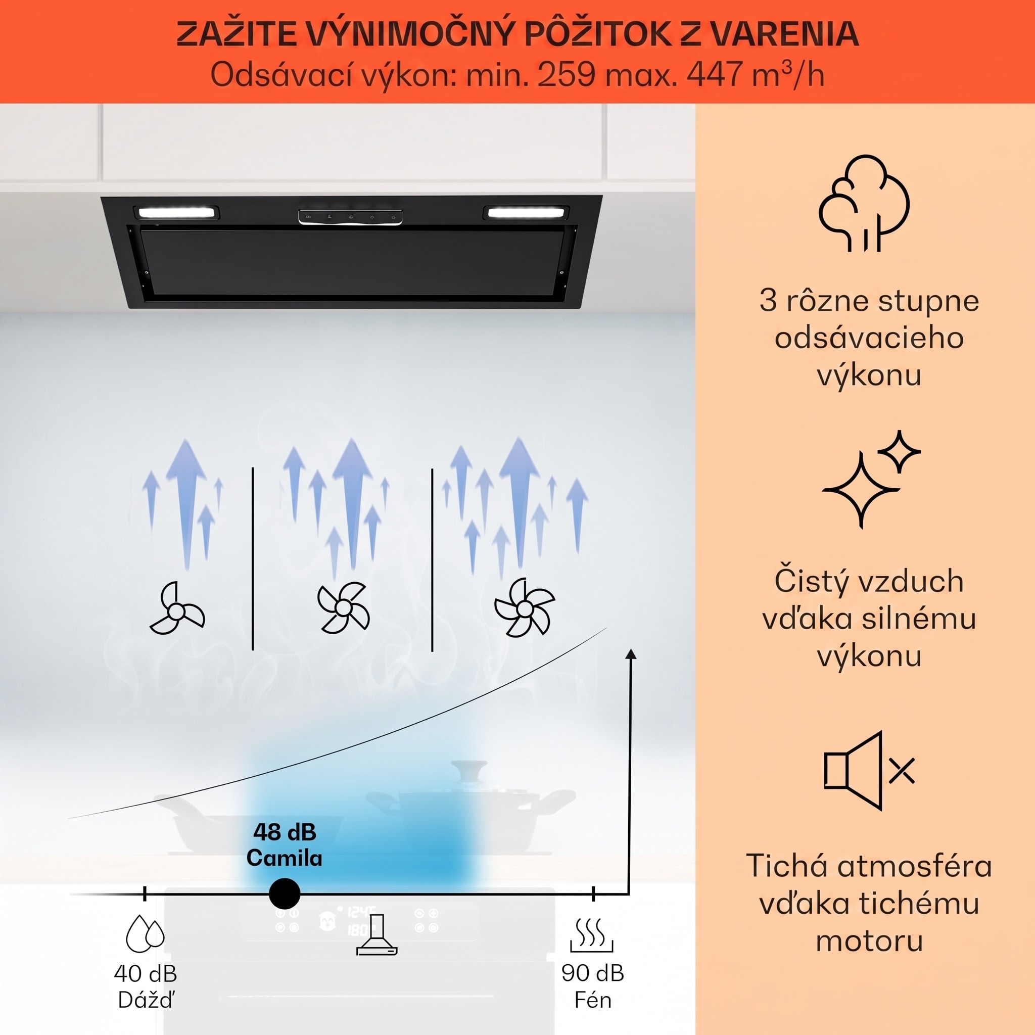 Klarstein Camila, vstavaný digestor, 70 cm, 380 m³/h, LED, dotyková plocha, nehrdzavejúca oceľ – Obrázok 3