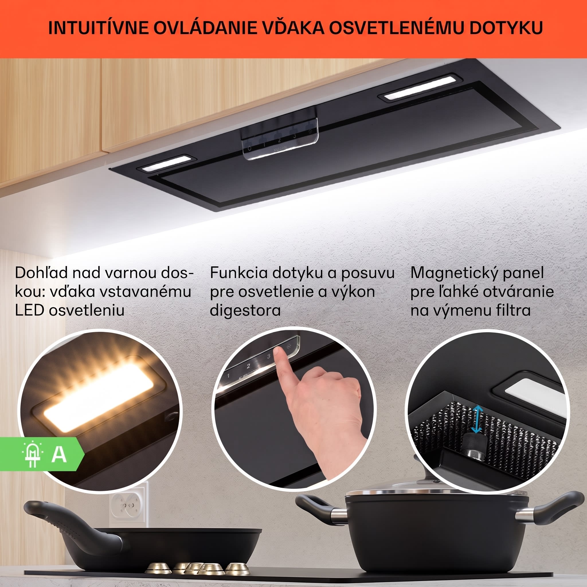 Klarstein Camila, vstavaný digestor, 70 cm, 380 m³/h, LED, dotyková plocha, nehrdzavejúca oceľ – Obrázok 4