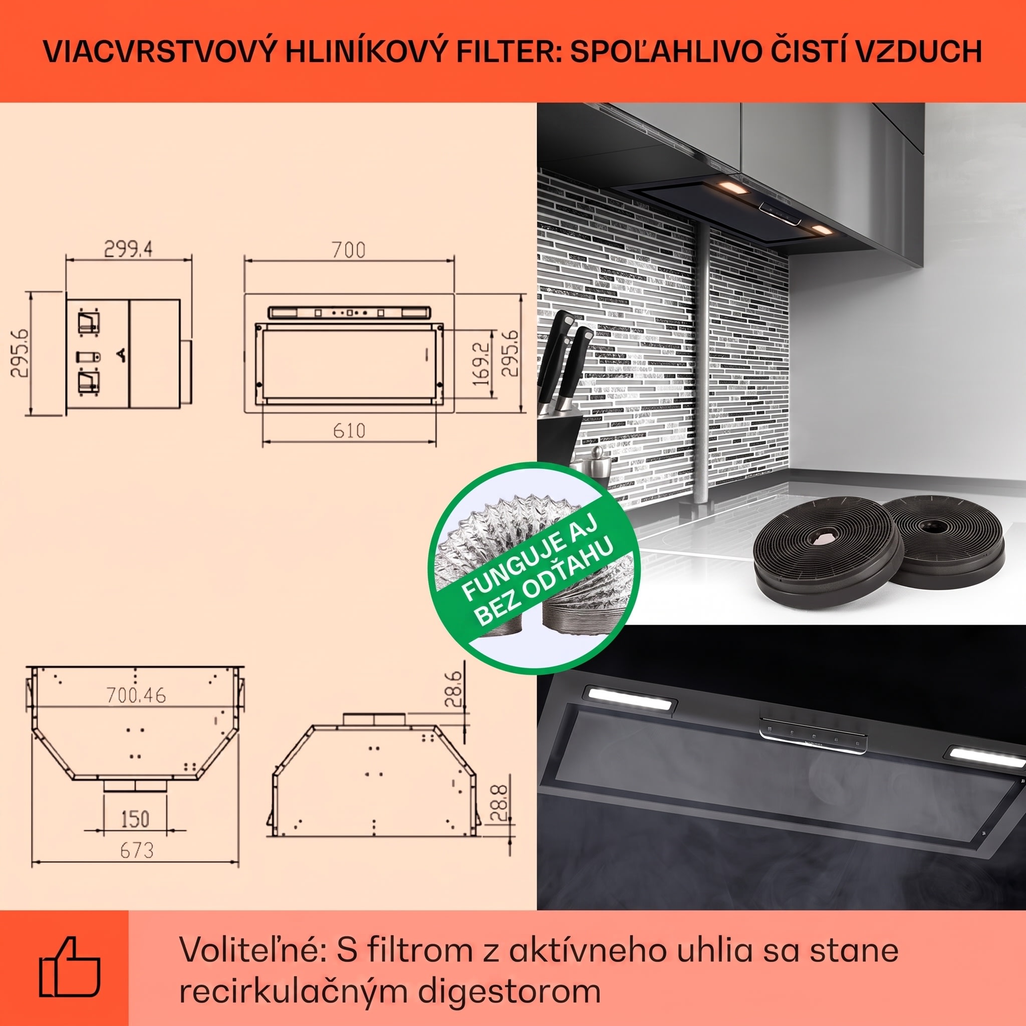 Klarstein Camila, vstavaný digestor, 70 cm, 380 m³/h, LED, dotyková plocha, nehrdzavejúca oceľ – Obrázok 5