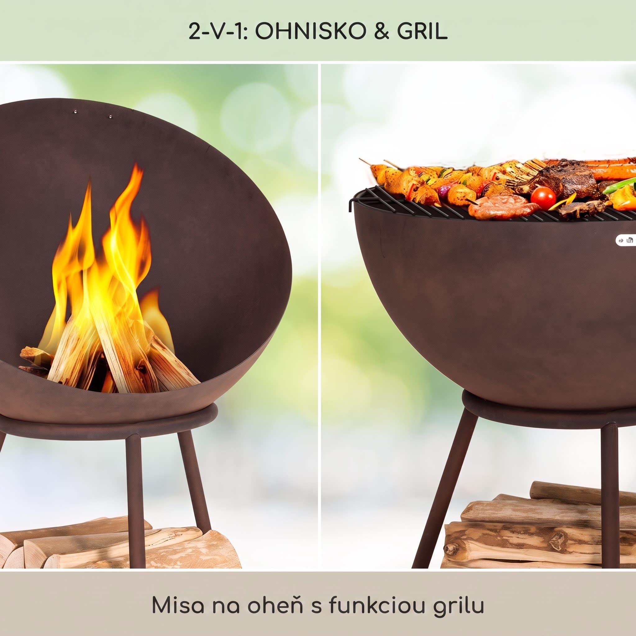 Blumfeldt Azuma ohnisková misa Ø 66 cm 2 mm s roštom na drevené uhlie a gril, pláštenka proti dažďu a hák na prikladanie dreva – Obrázok 2