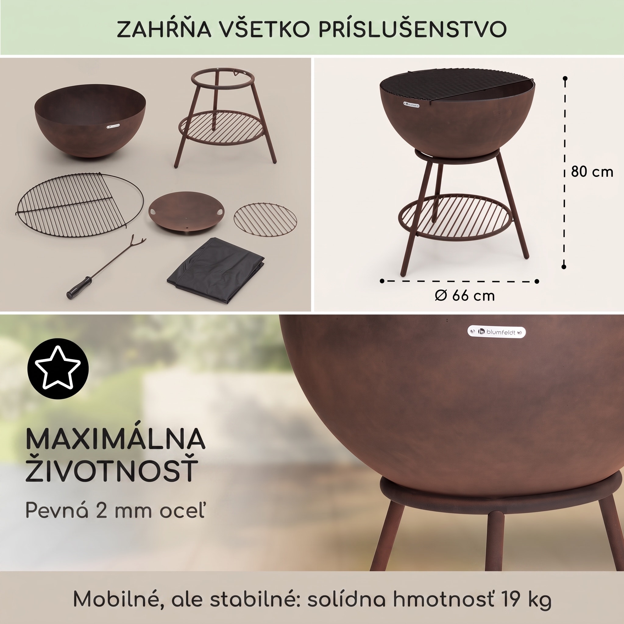Blumfeldt Azuma ohnisková misa Ø 66 cm 2 mm s roštom na drevené uhlie a gril, pláštenka proti dažďu a hák na prikladanie dreva – Obrázok 5