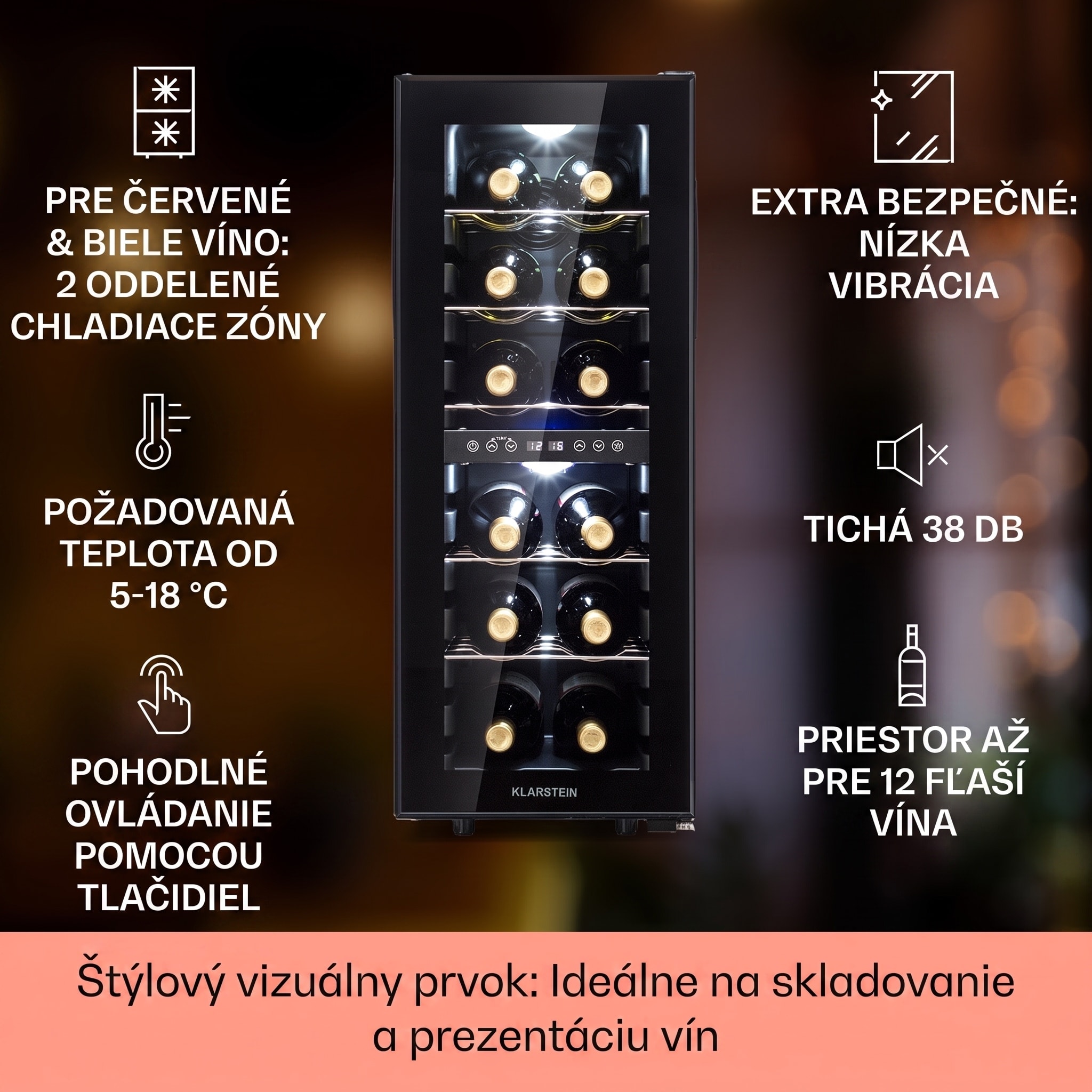 Klarstein Shiraz 12 Duo vinotéka 2 zóny 42 l/12 fliaš 5-12 / 12-18 °C dotykový panel – Obrázok 2