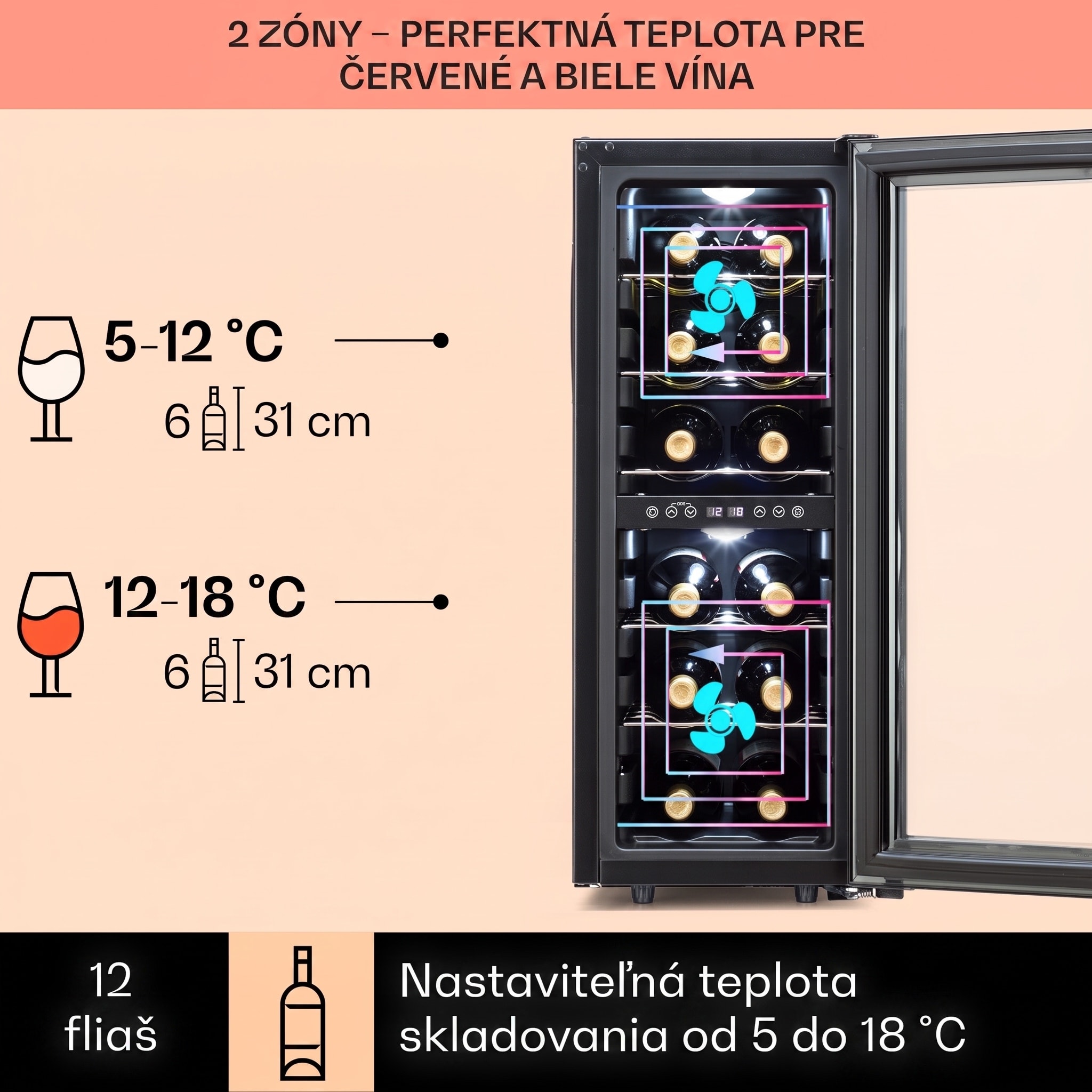 Klarstein Shiraz 12 Duo vinotéka 2 zóny 42 l/12 fliaš 5-12 / 12-18 °C dotykový panel – Obrázok 3