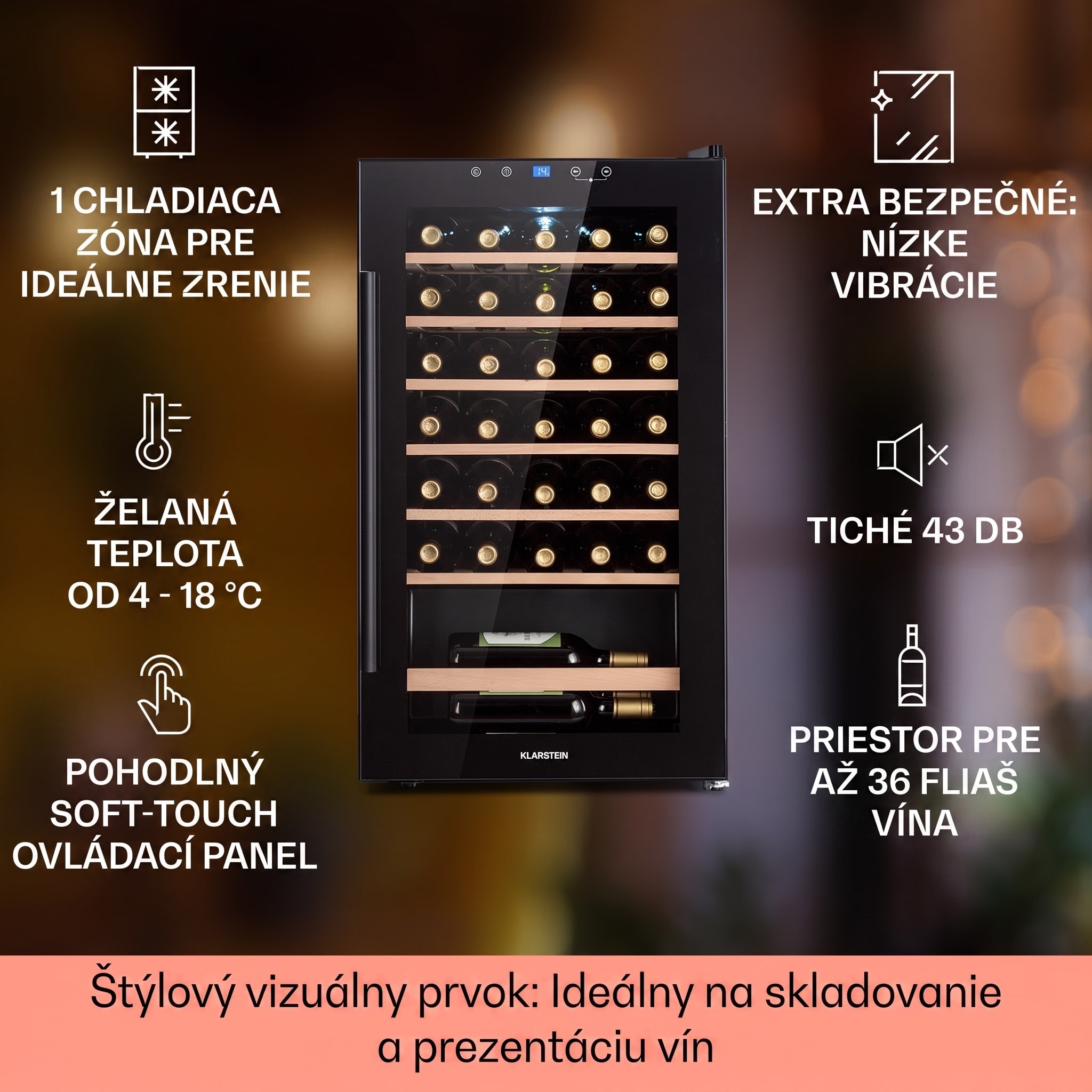 Klarstein Barossa 32 Uno, vinotéka, 95 l, 36 fliaš, 1 zóna, dotykový displej – Obrázok 2