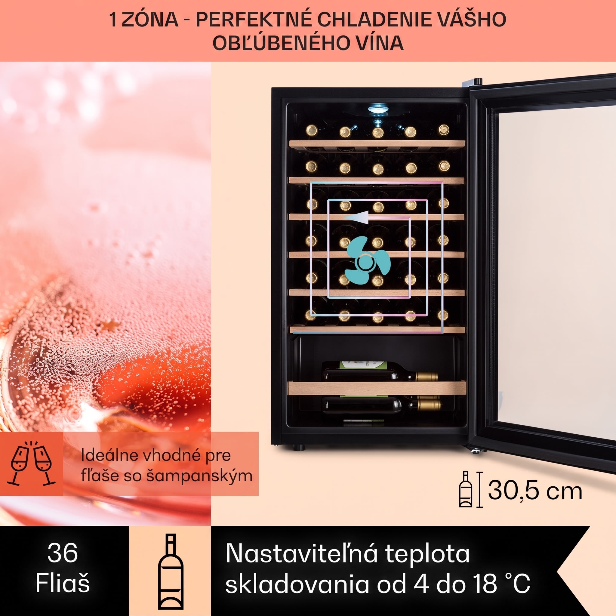 Klarstein Barossa 32 Uno, vinotéka, 95 l, 36 fliaš, 1 zóna, dotykový displej – Obrázok 3