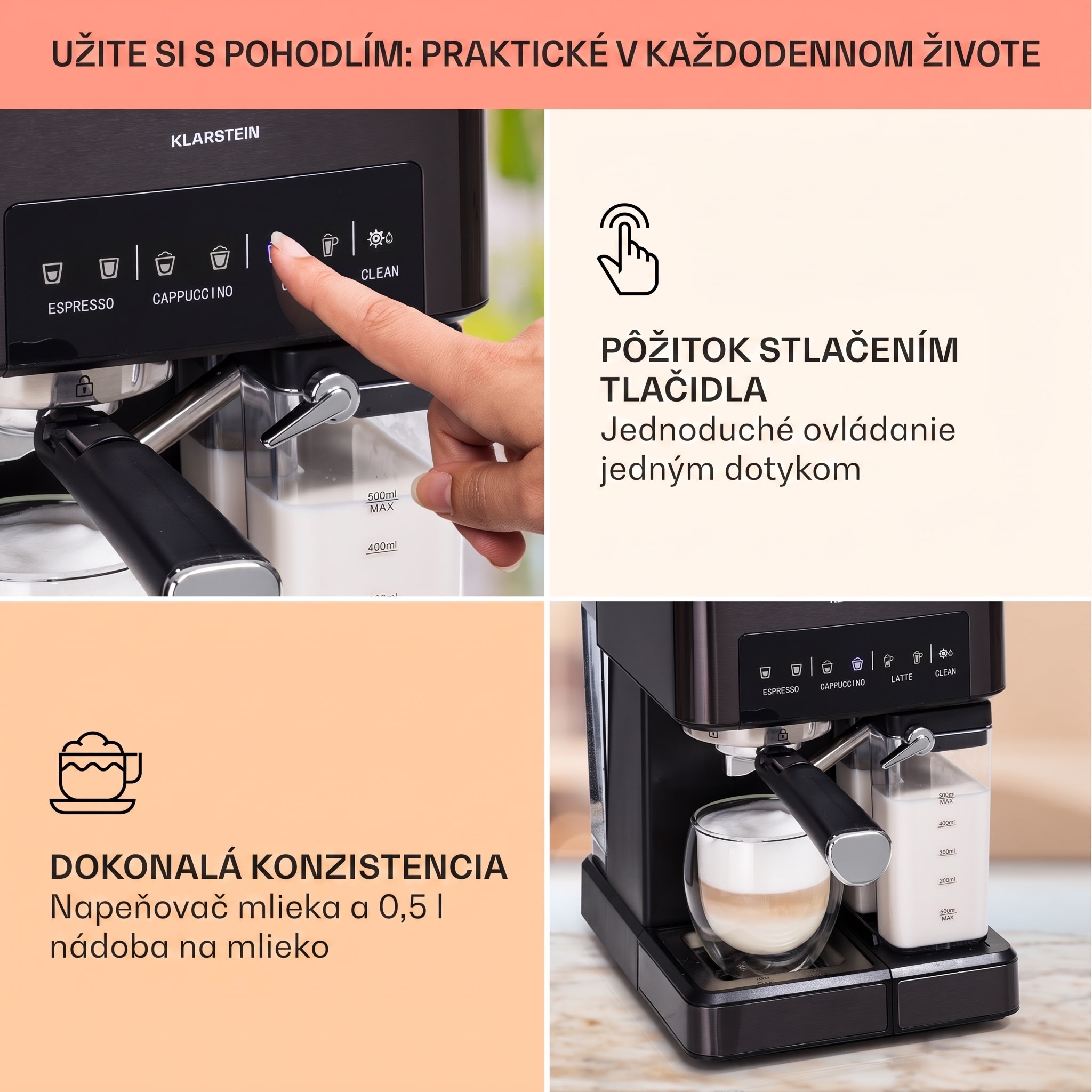 Klarstein Arabica Comfort kávovar s portafiltrom, 1350 W, 20 bar, 1,8 l, dotykový ovládací panel – Obrázok 3