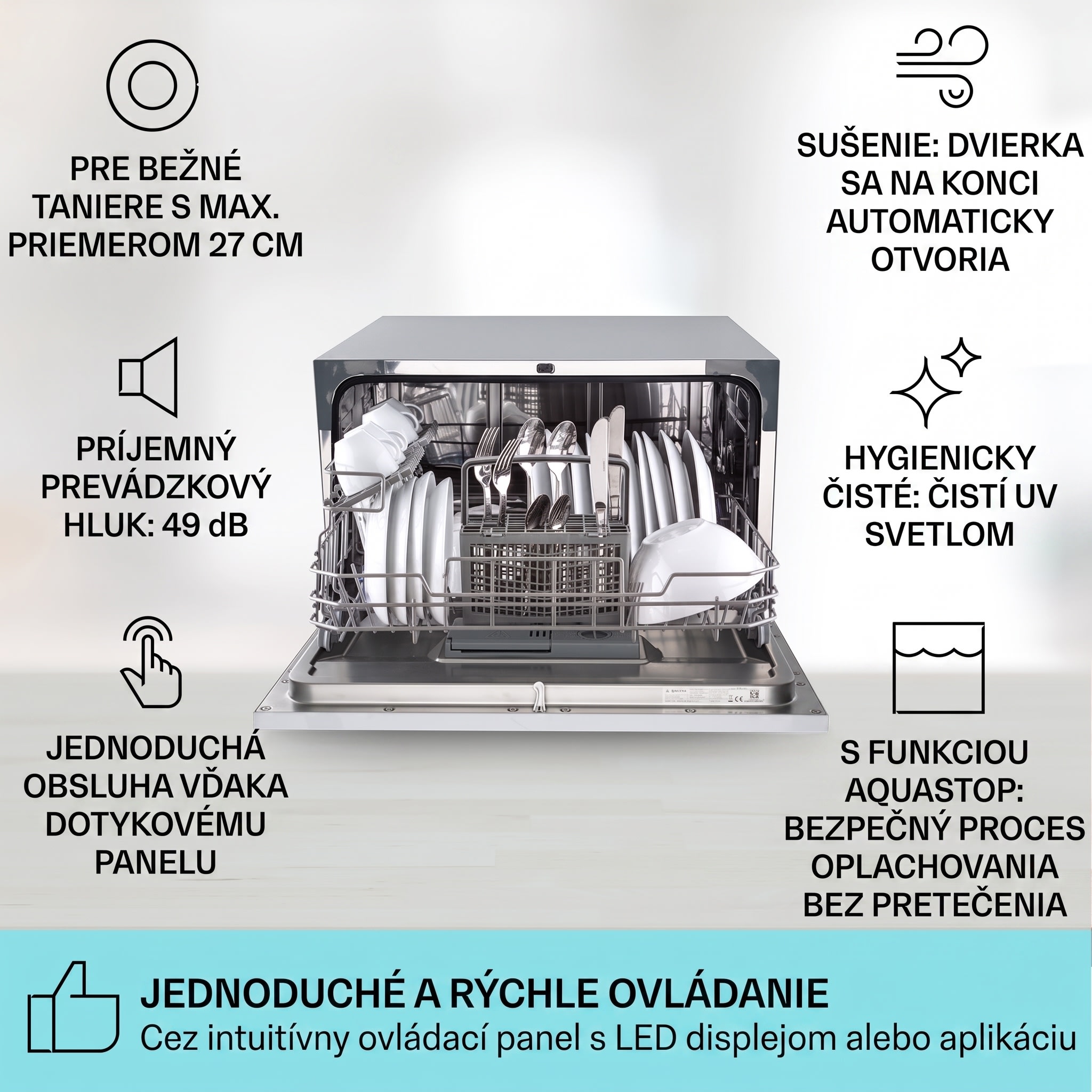 Klarstein Havasia UV 6 Luminance, umývačka riadu, UV svetlo, 1380 W, sklenená predná časť, voľne stojaca – Obrázok 2
