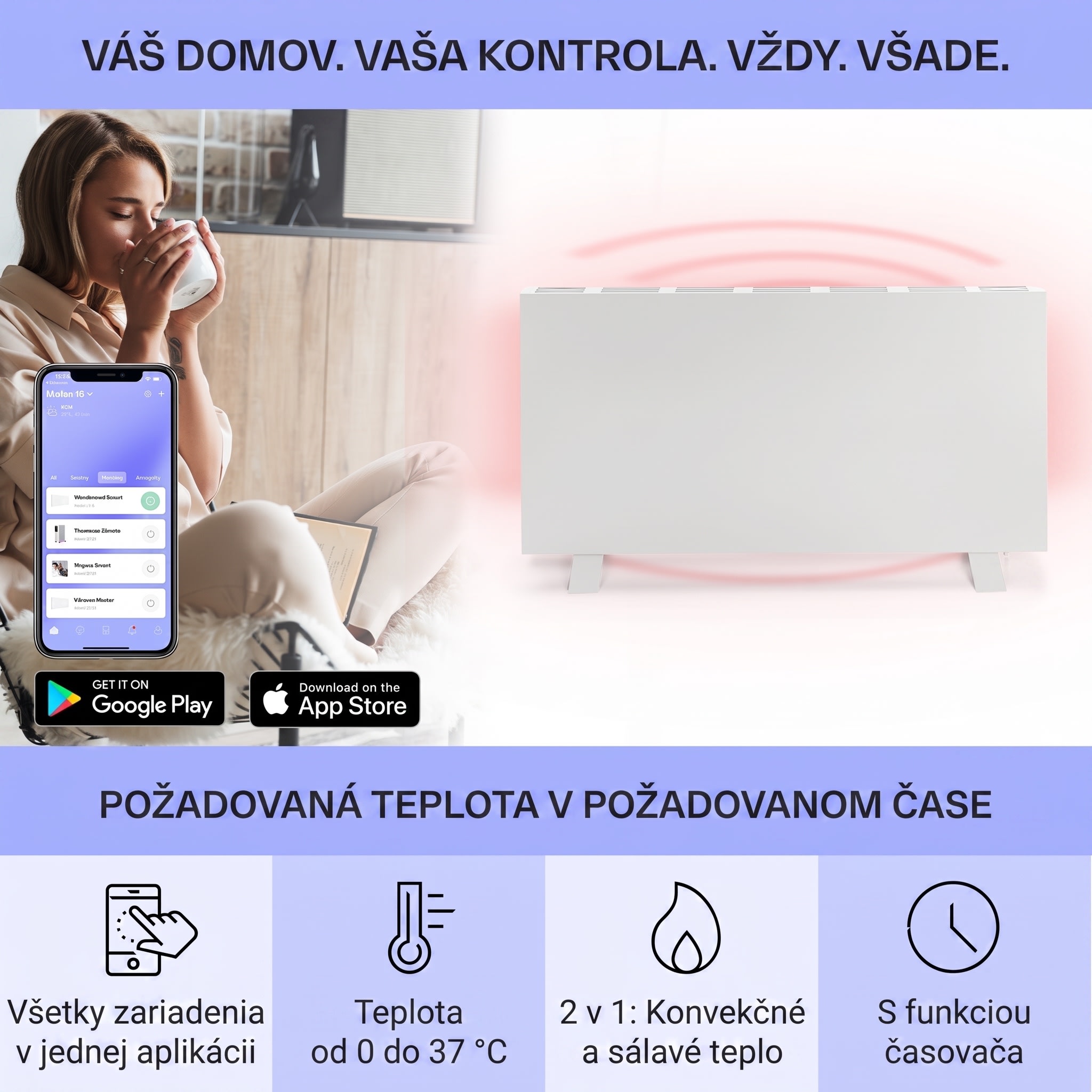 Klarstein Taal Smart, hybridný infračervený ohrievač, 105 x 56 cm, 750 W, týždenný časovač, IP24 – Obrázok 3