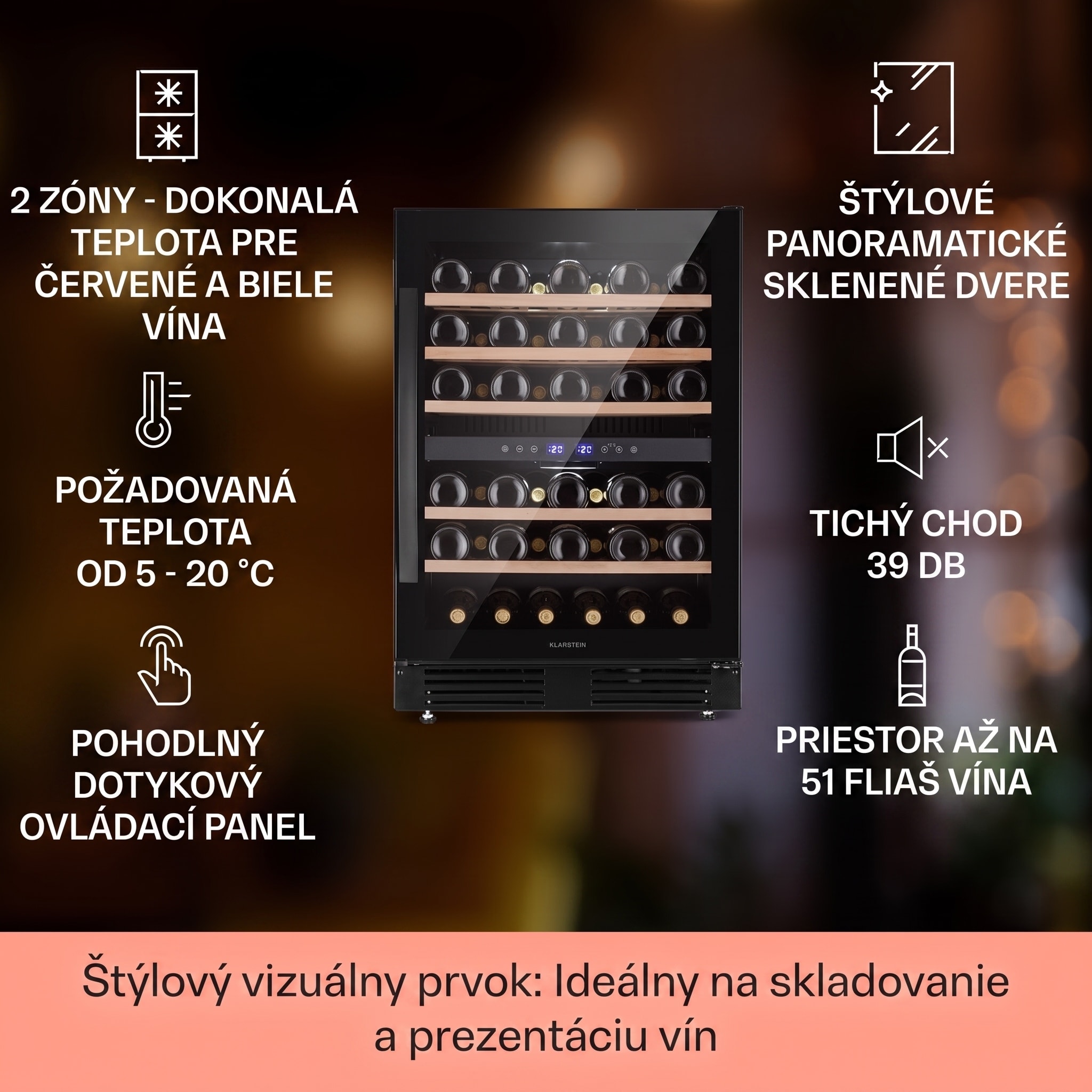 Klarstein Vinovilla 50 Duo dvojzónová vinotéka 53 l 17 fliaš 3-farebné sklenené dvere – Obrázok 2