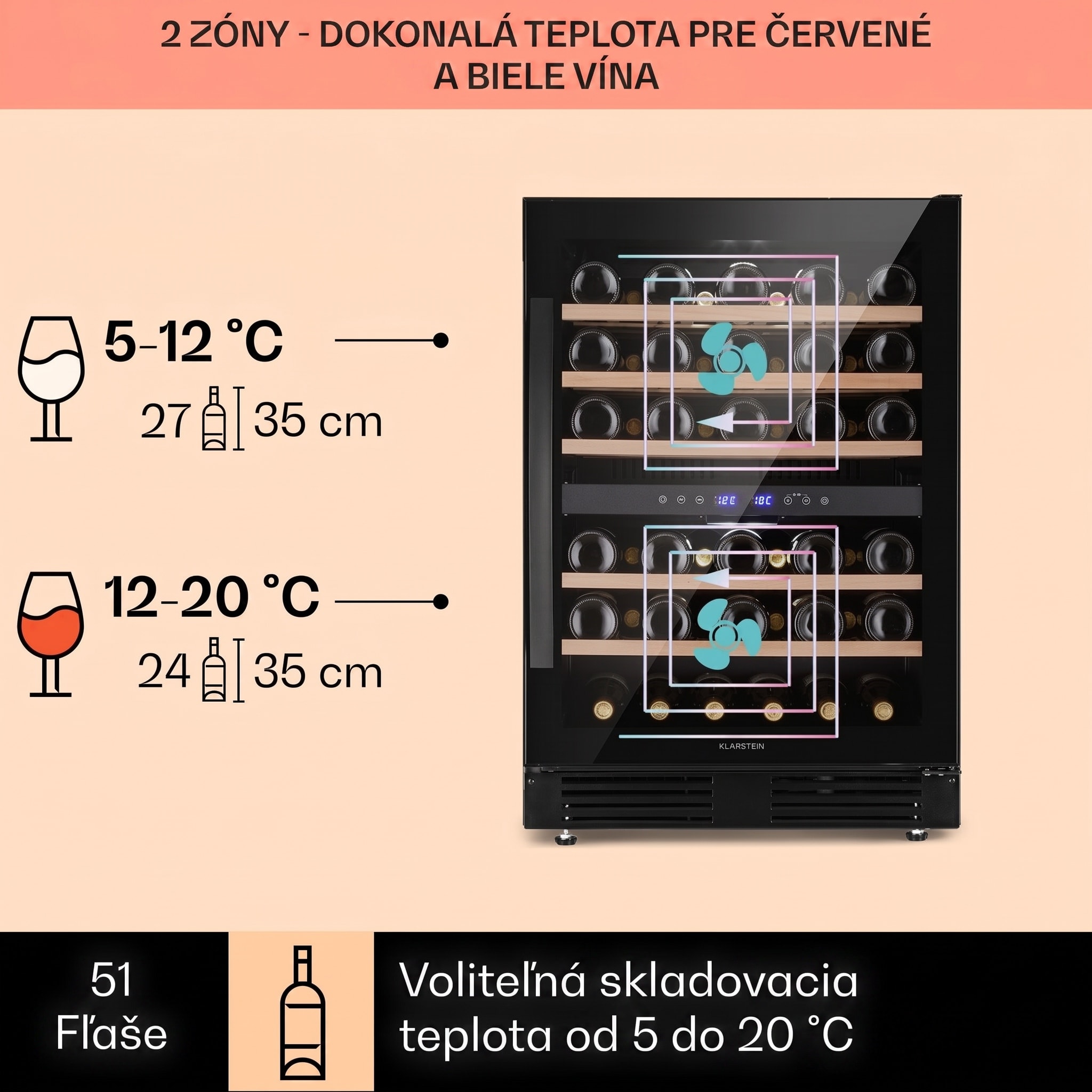 Klarstein Vinovilla 50 Duo dvojzónová vinotéka 53 l 17 fliaš 3-farebné sklenené dvere – Obrázok 3
