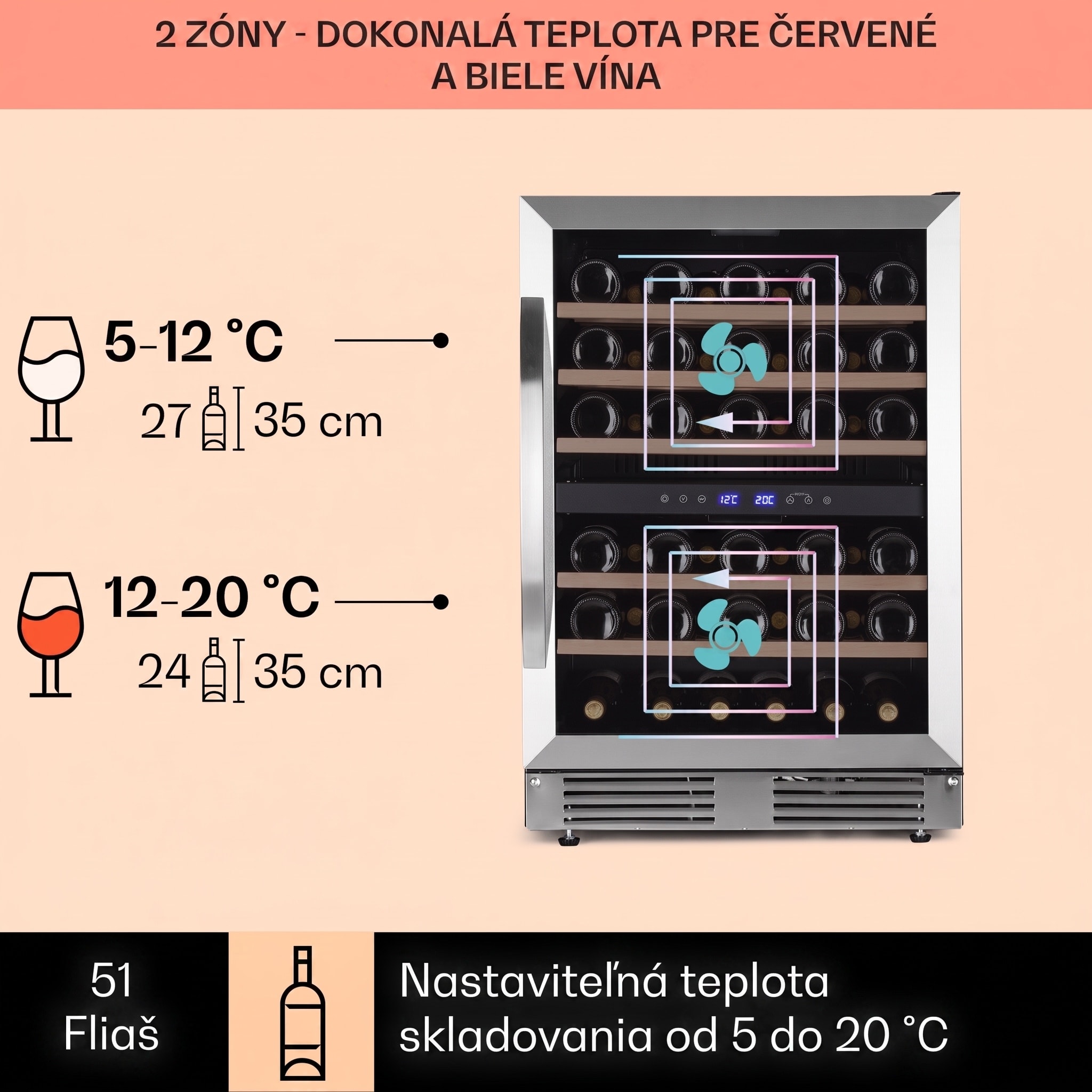 Klarstein Vinovilla 50 Duo dvojzónová vinotéka 53 l 17 fliaš 3-farebné sklenené dvere – Obrázok 3