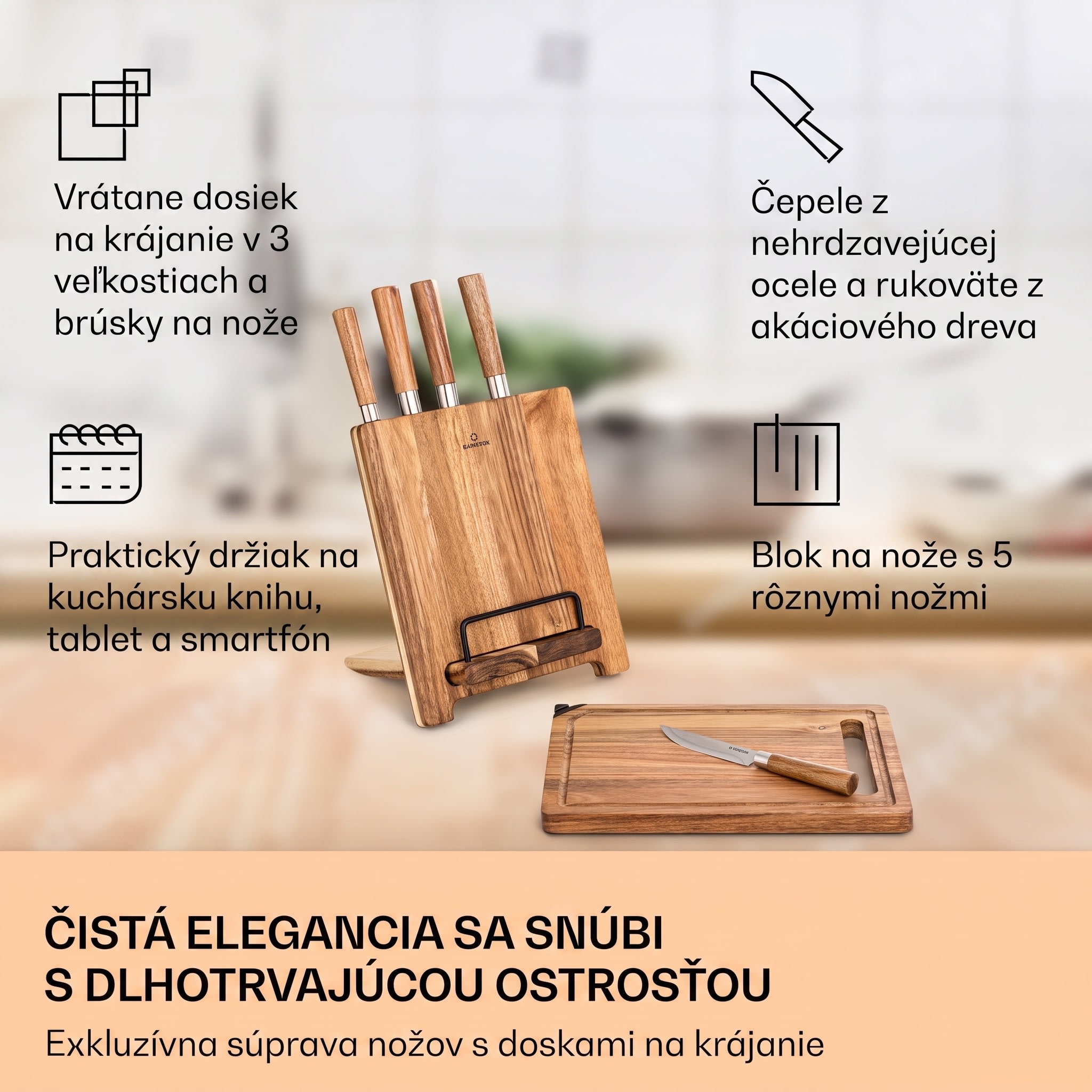 Klarstein Komaki 8-dielna sada nožov 5 nožov, 3 dosky na krájanie, brúsič nožov, stojan na tablet – Obrázok 2