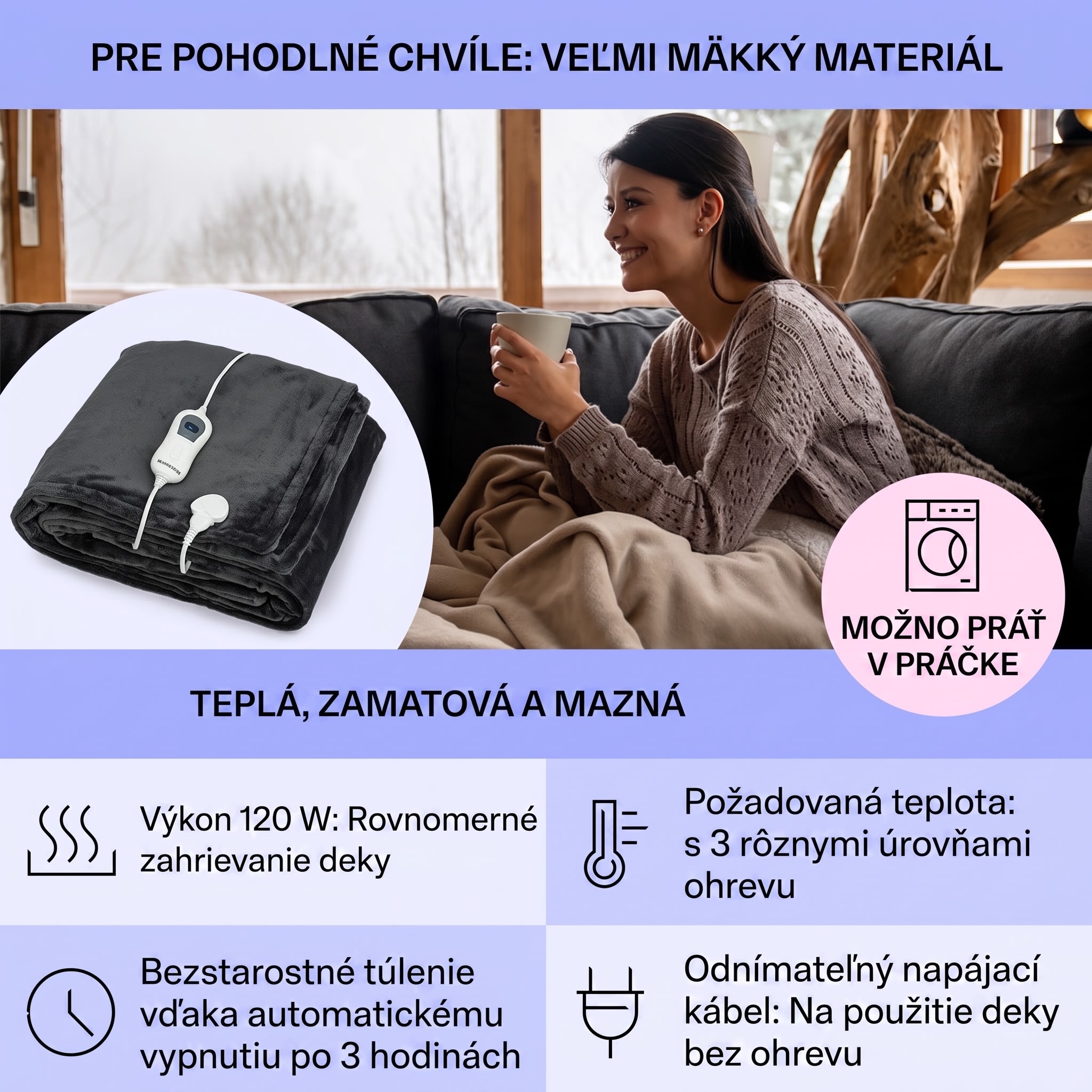 Klarstein Slanket vyhrievaná deka s rukávmi 120W 155x180cm Coral Fleece – Obrázok 2